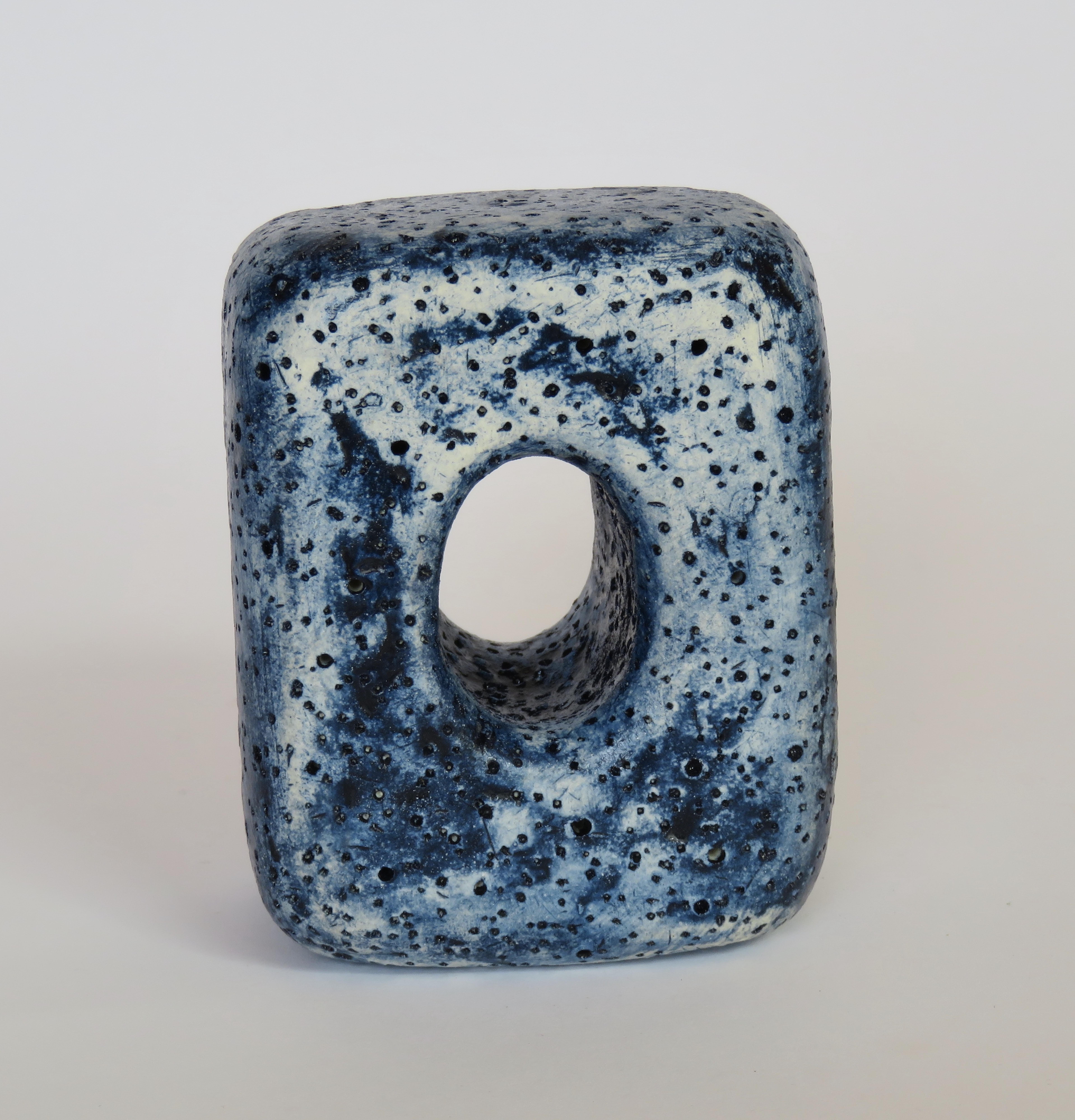 Hand Textured Ceramic Sculpture, Oblong Cube with Oval Opening in Deep Blue Wash 8