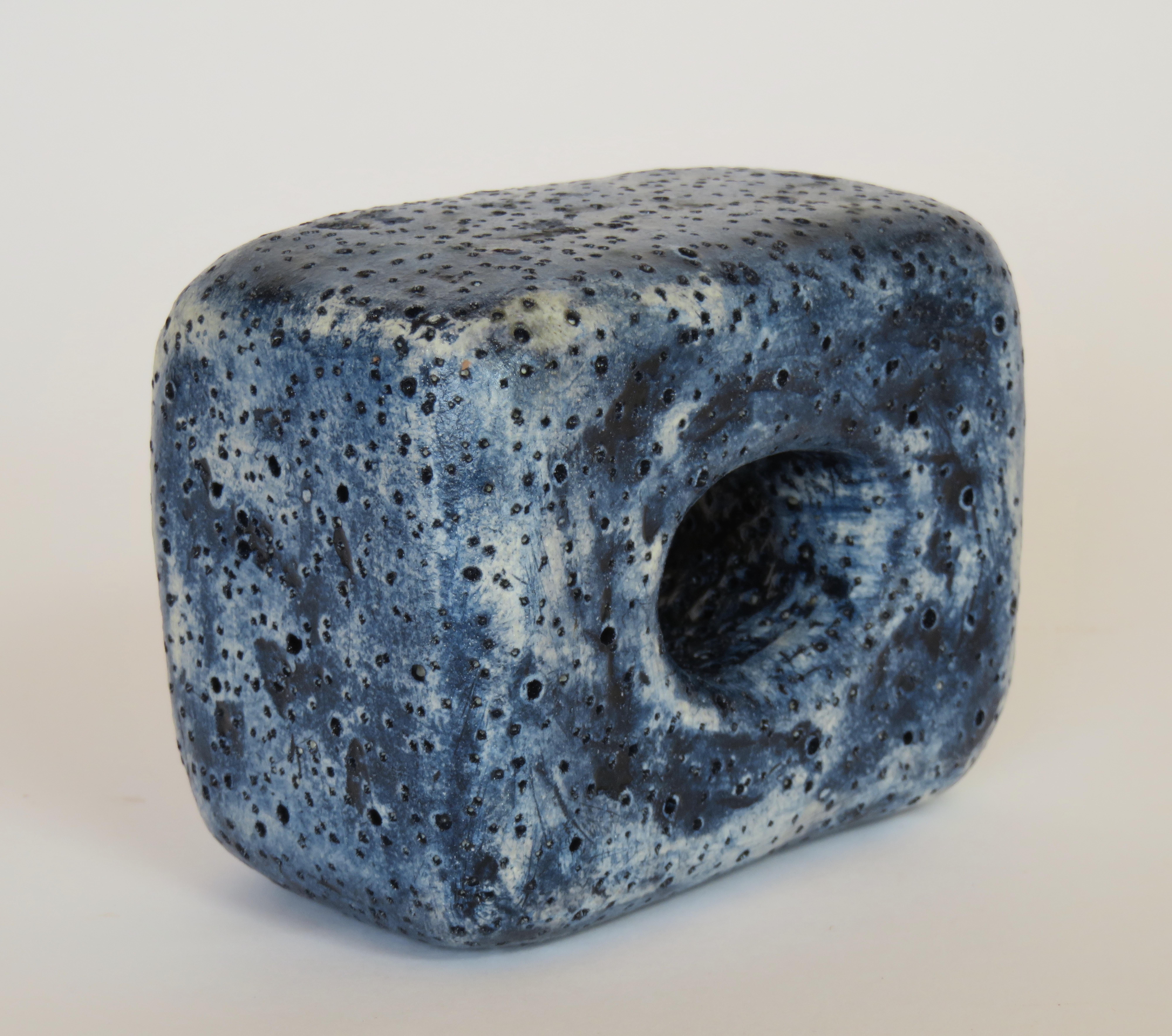 American Hand Textured Ceramic Sculpture, Oblong Cube with Oval Opening in Deep Blue Wash