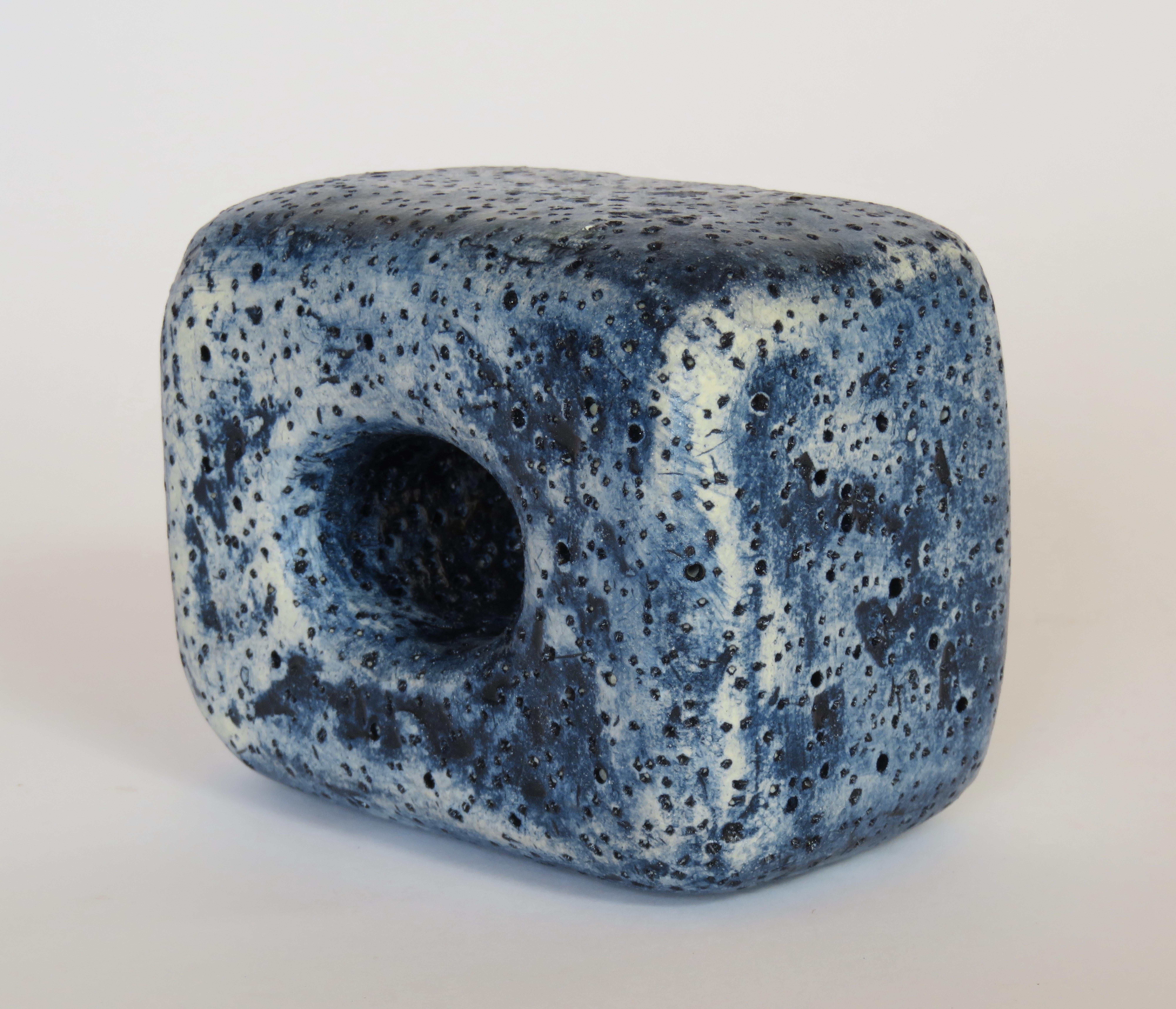 Glazed Hand Textured Ceramic Sculpture, Oblong Cube with Oval Opening in Deep Blue Wash