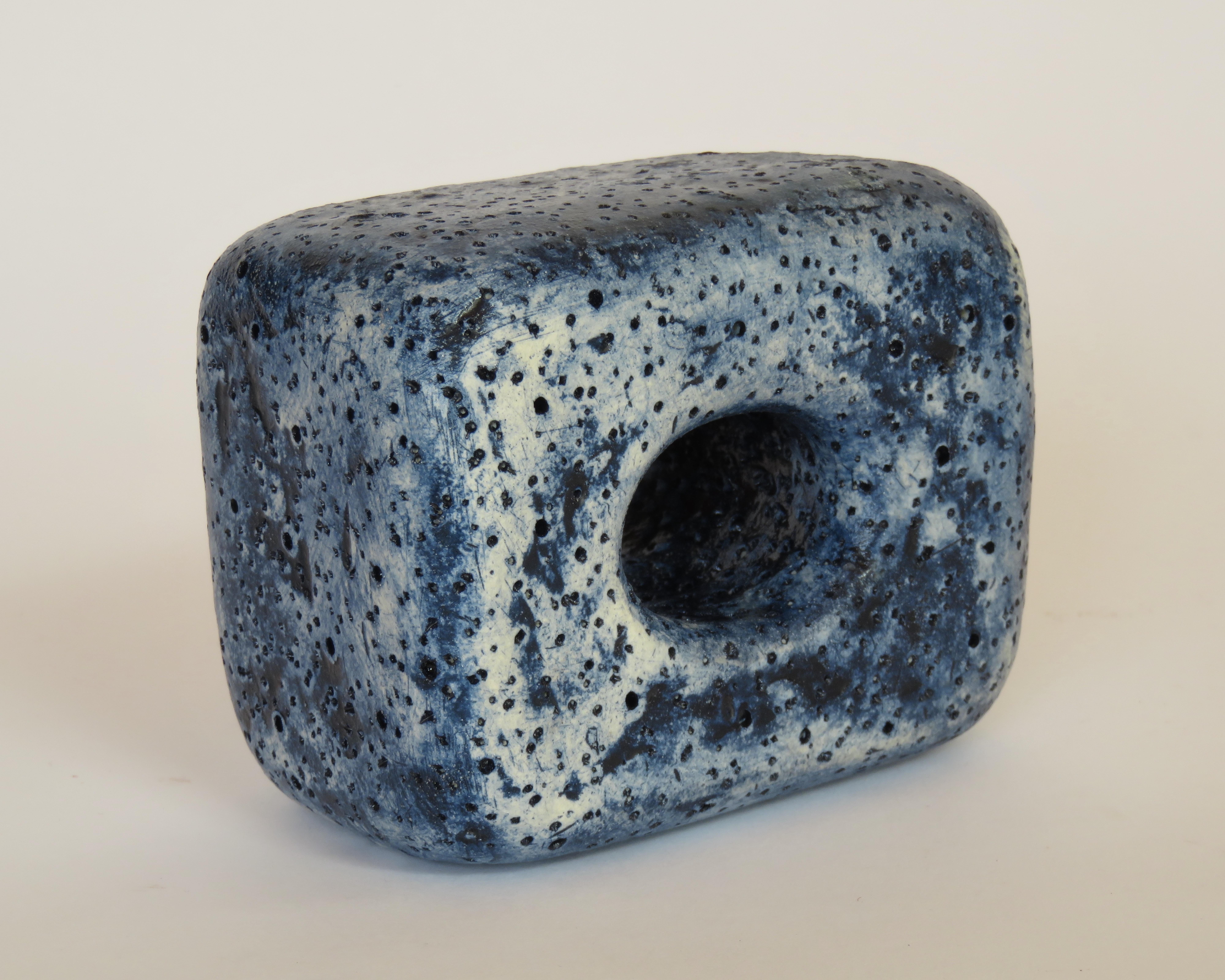 Hand Textured Ceramic Sculpture, Oblong Cube with Oval Opening in Deep Blue Wash In New Condition In New York, NY