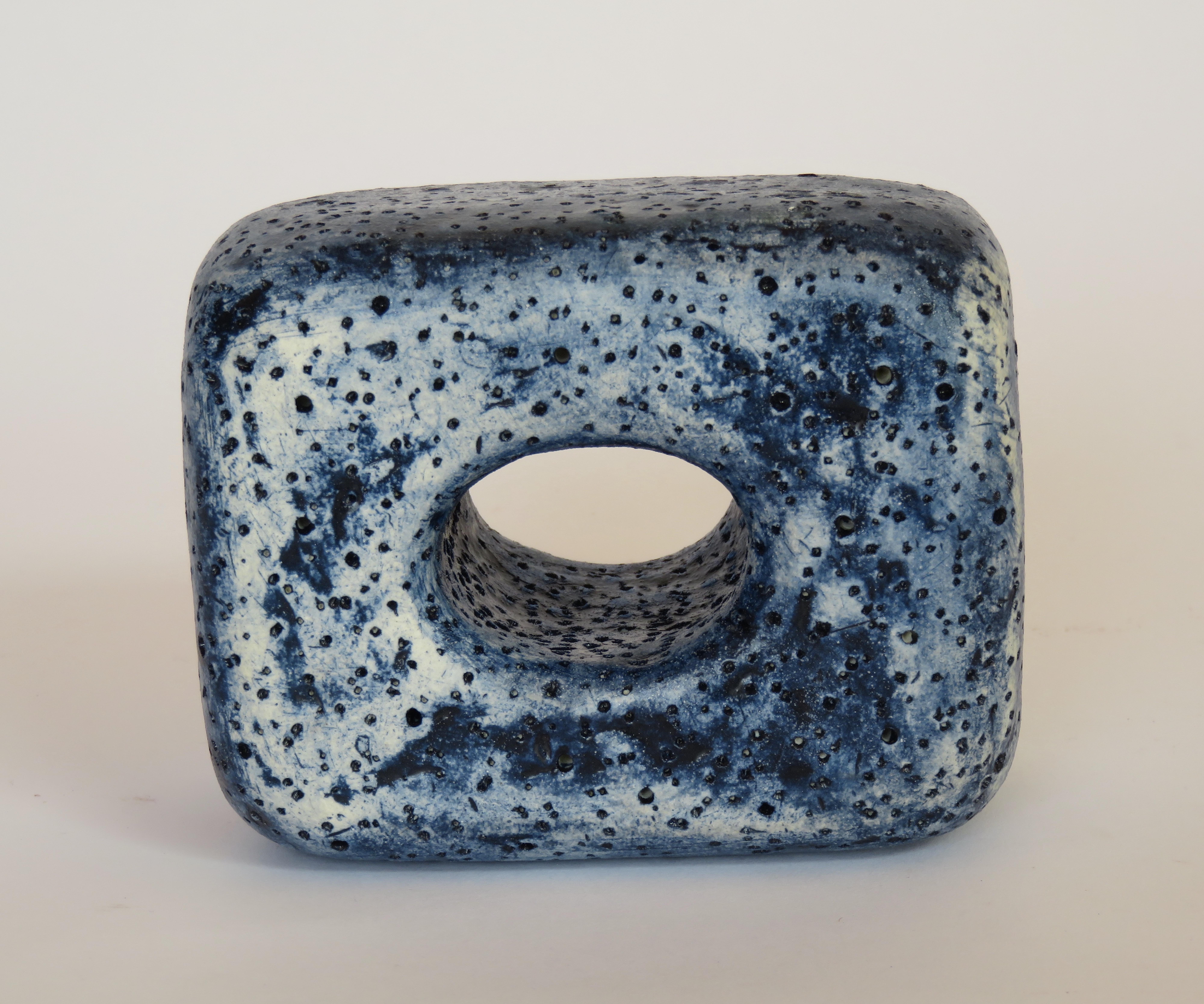 Contemporary Hand Textured Ceramic Sculpture, Oblong Cube with Oval Opening in Deep Blue Wash