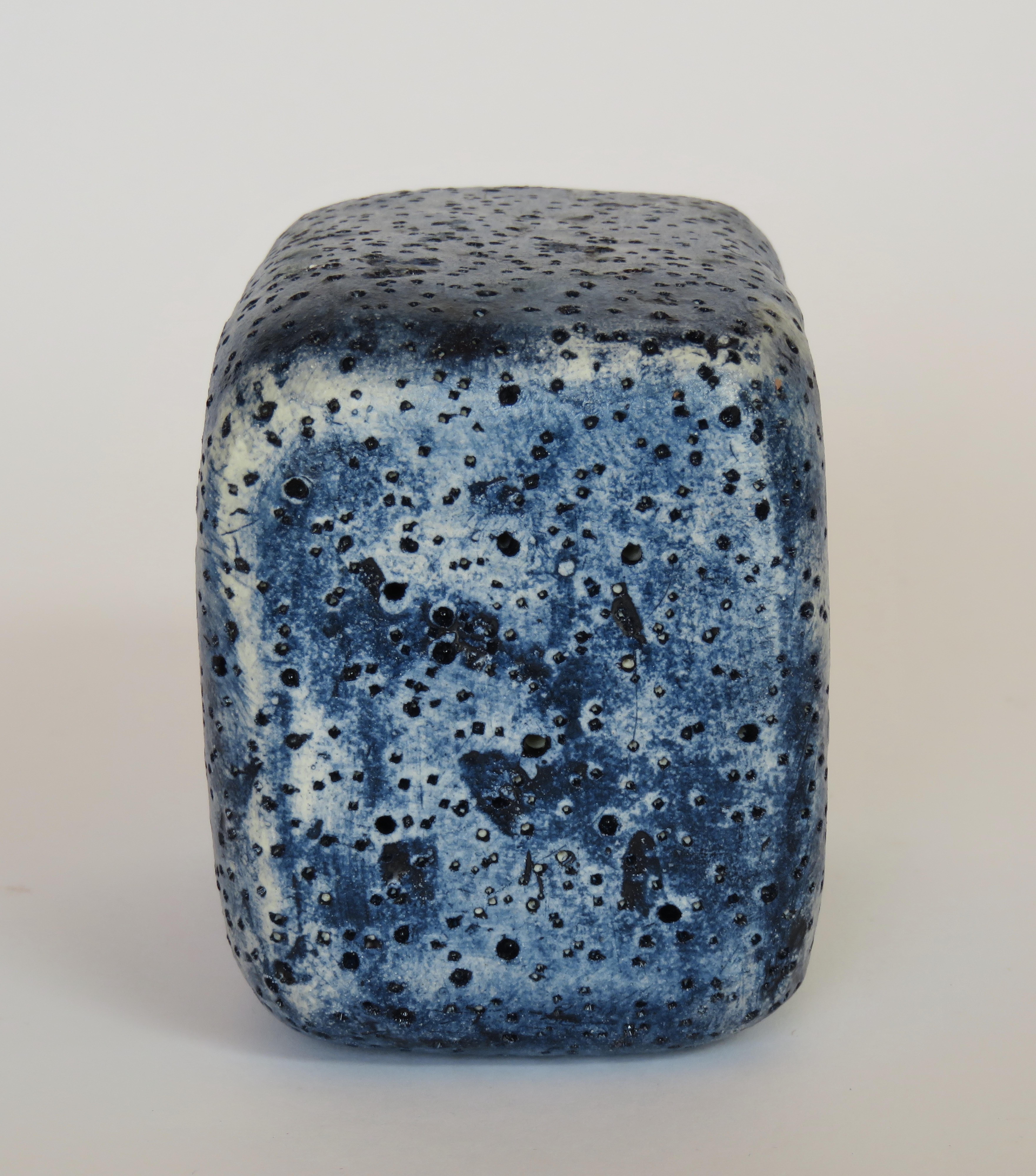 Stoneware Hand Textured Ceramic Sculpture, Oblong Cube with Oval Opening in Deep Blue Wash