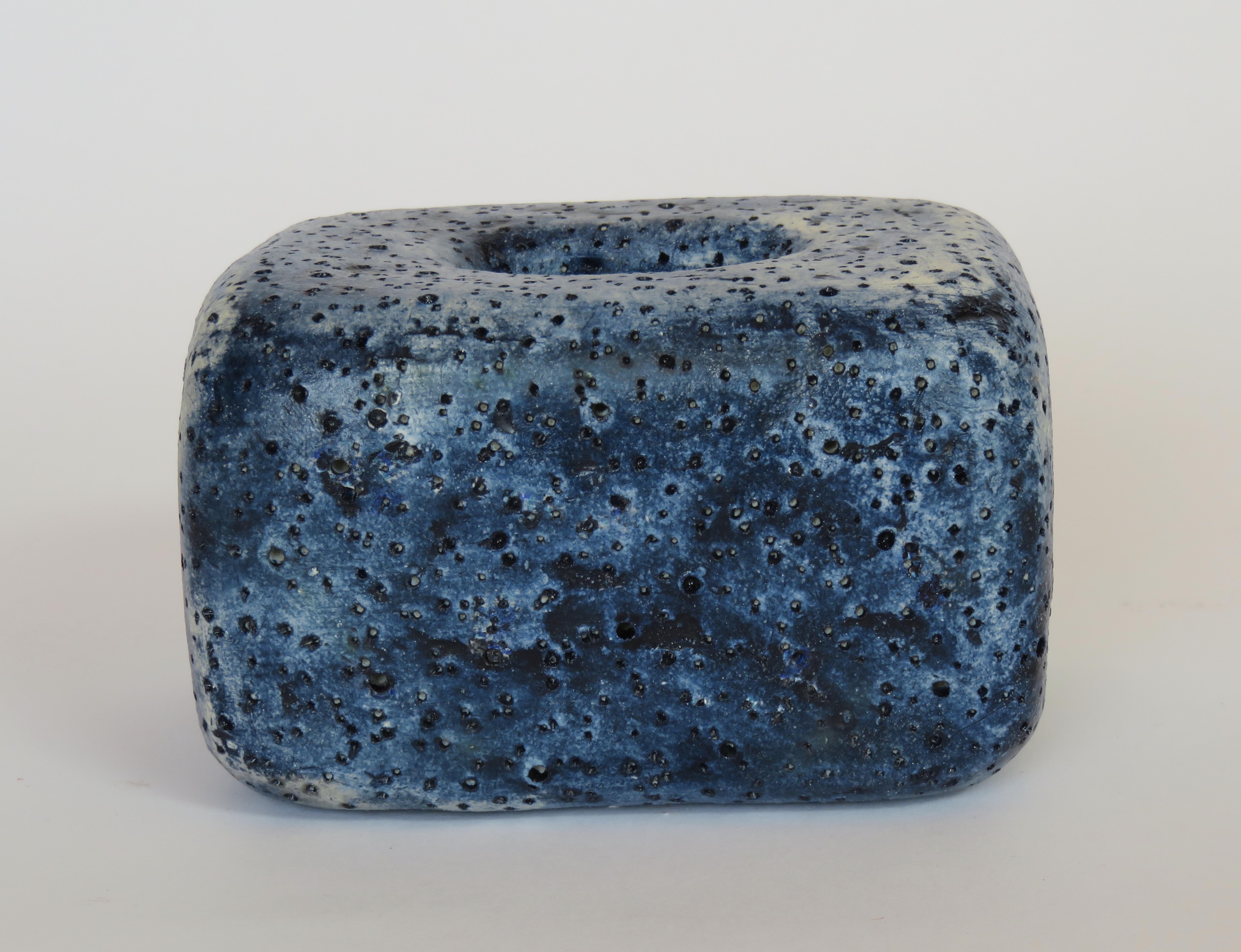Hand Textured Ceramic Sculpture, Oblong Cube with Oval Opening in Deep Blue Wash 1