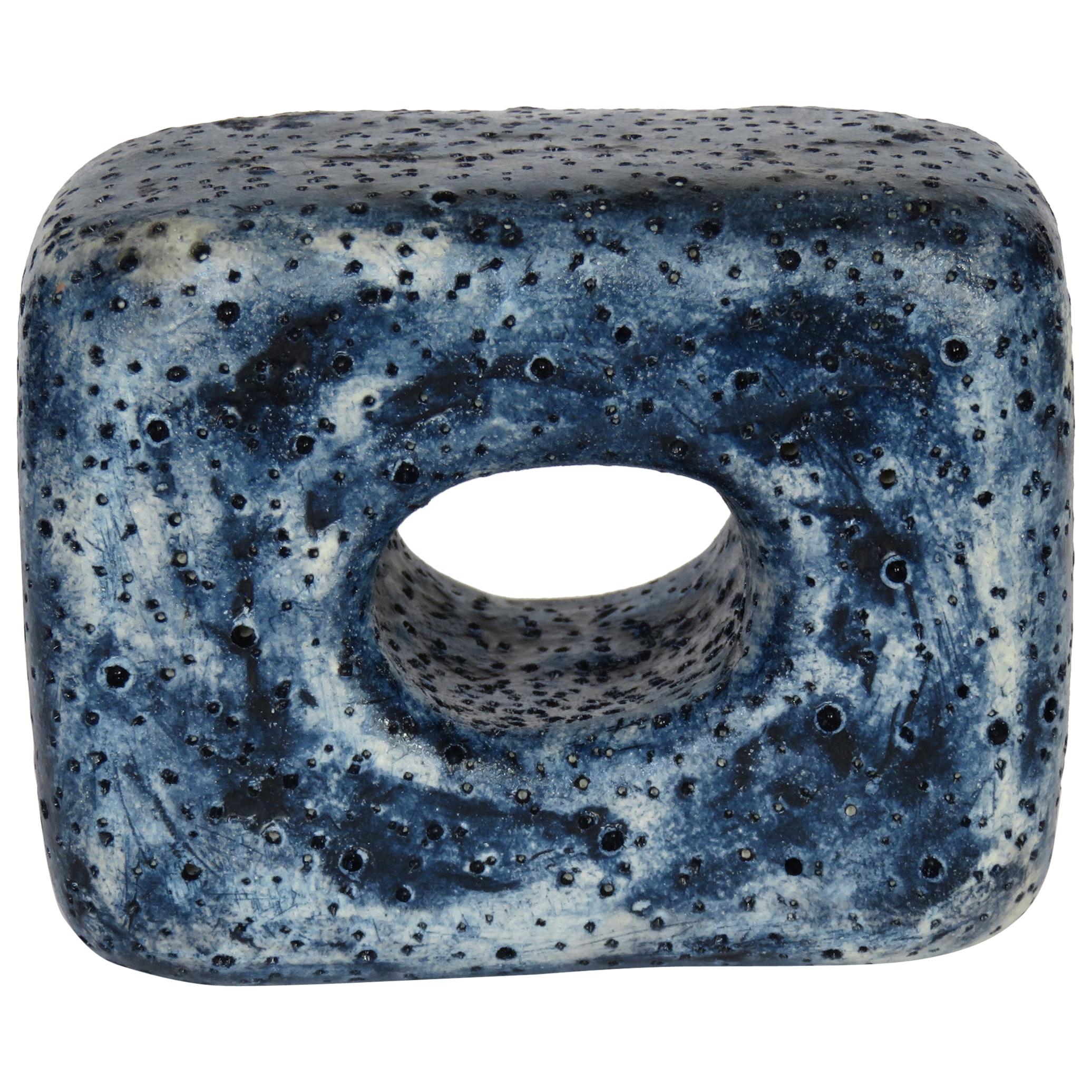 Hand Textured Ceramic Sculpture, Oblong Cube with Oval Opening in Deep Blue Wash