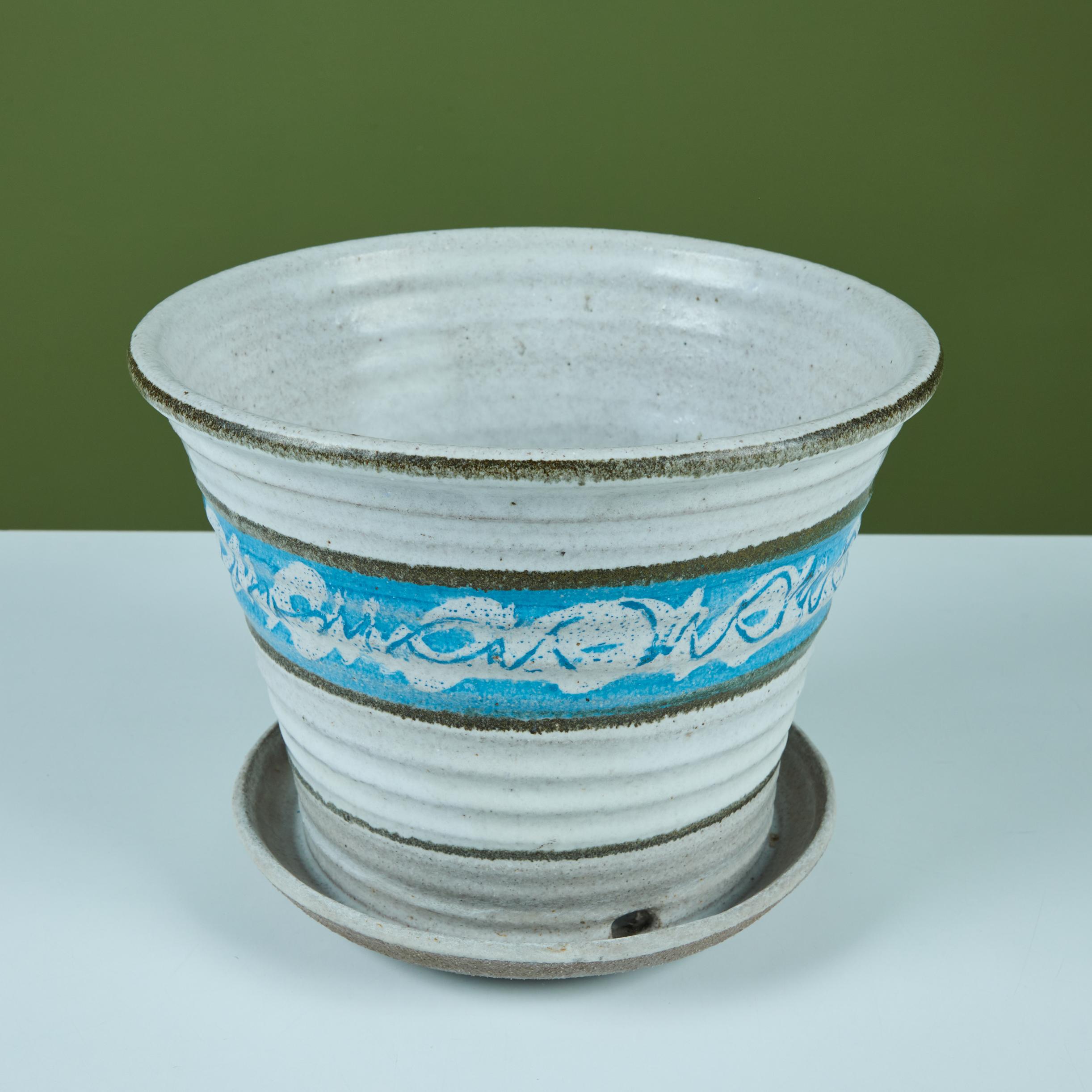 Stoneware Hand Thrown Glazed Planter with Water Catch For Sale