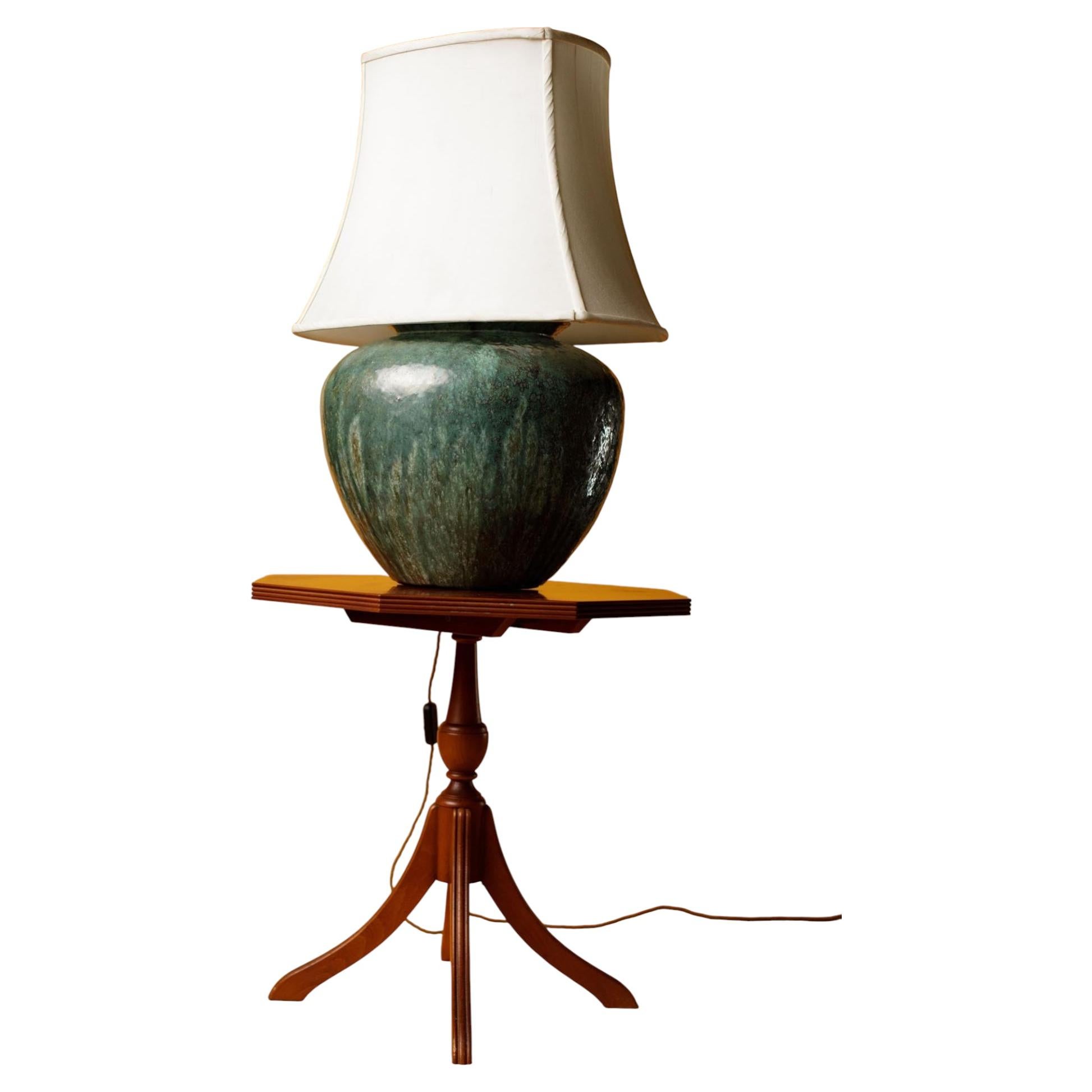 Hand-Thrown Mineral Teal Glazed Ceramic Table Lamp, Vietnam Artisan Wood-Fired