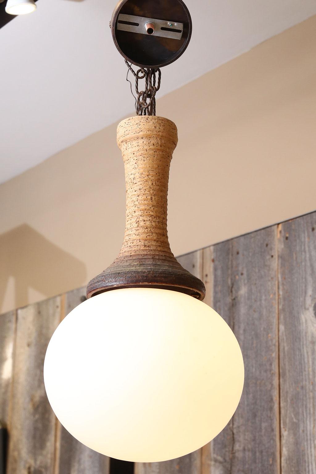 Hand-Crafted Hand-Thrown California Modern Style Stoneware and Milk Glass Modern Pendant