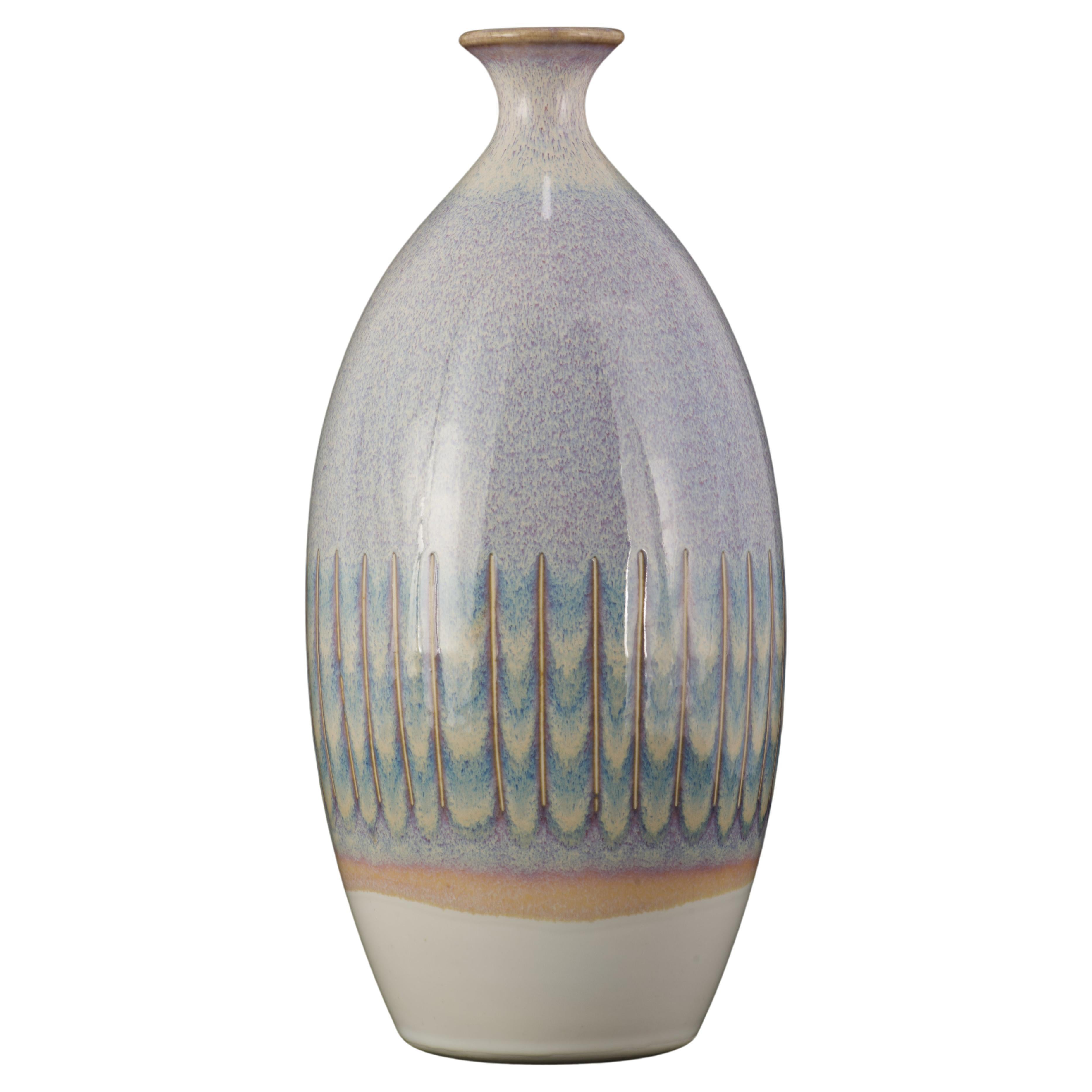 Handgedrehte Studio-Keramik-Vase, orange und olivfarbene Glasur