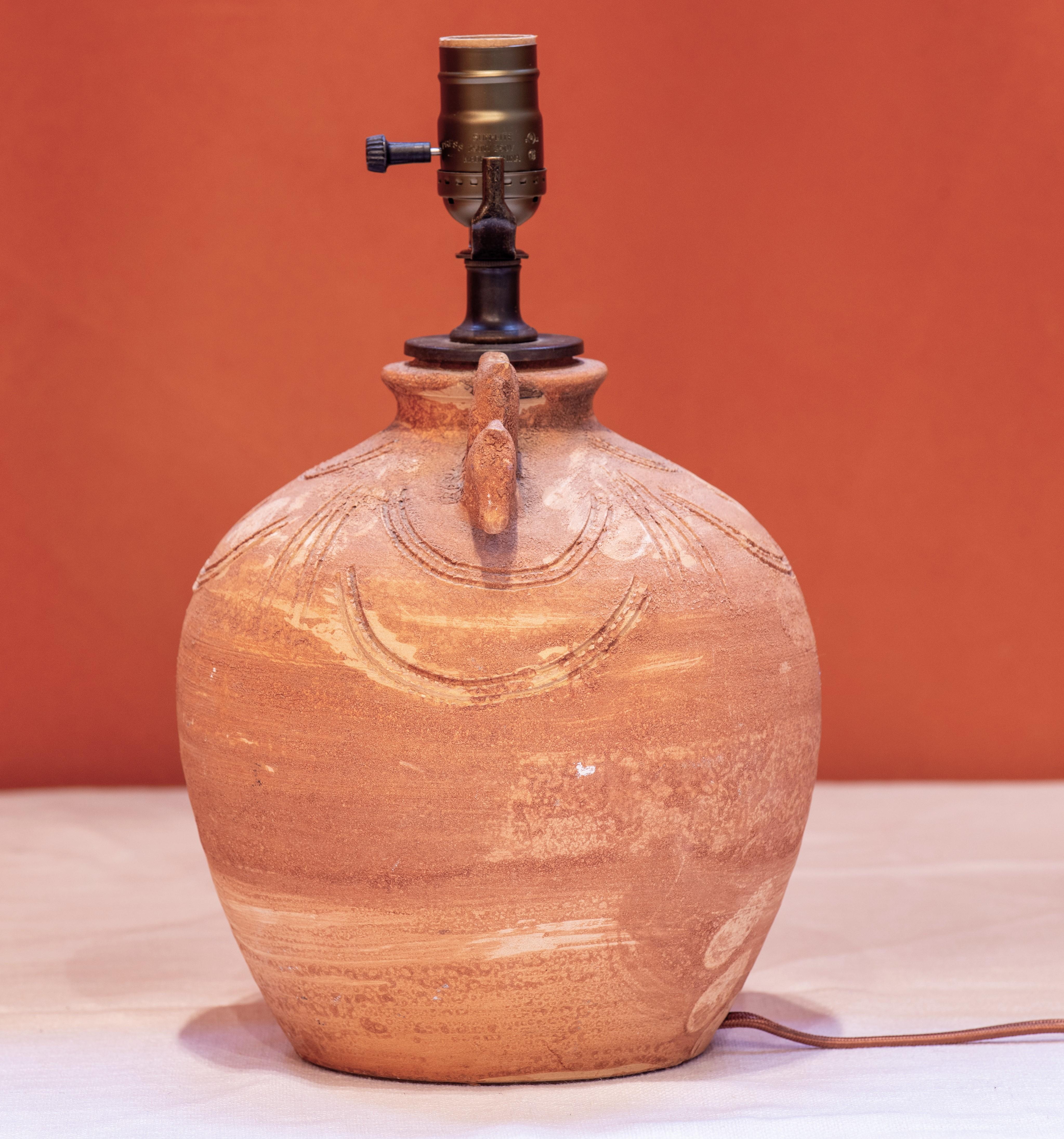 American Hand-Thrown Terra Cotta Table Lamp with Rustic Horsehead Style
