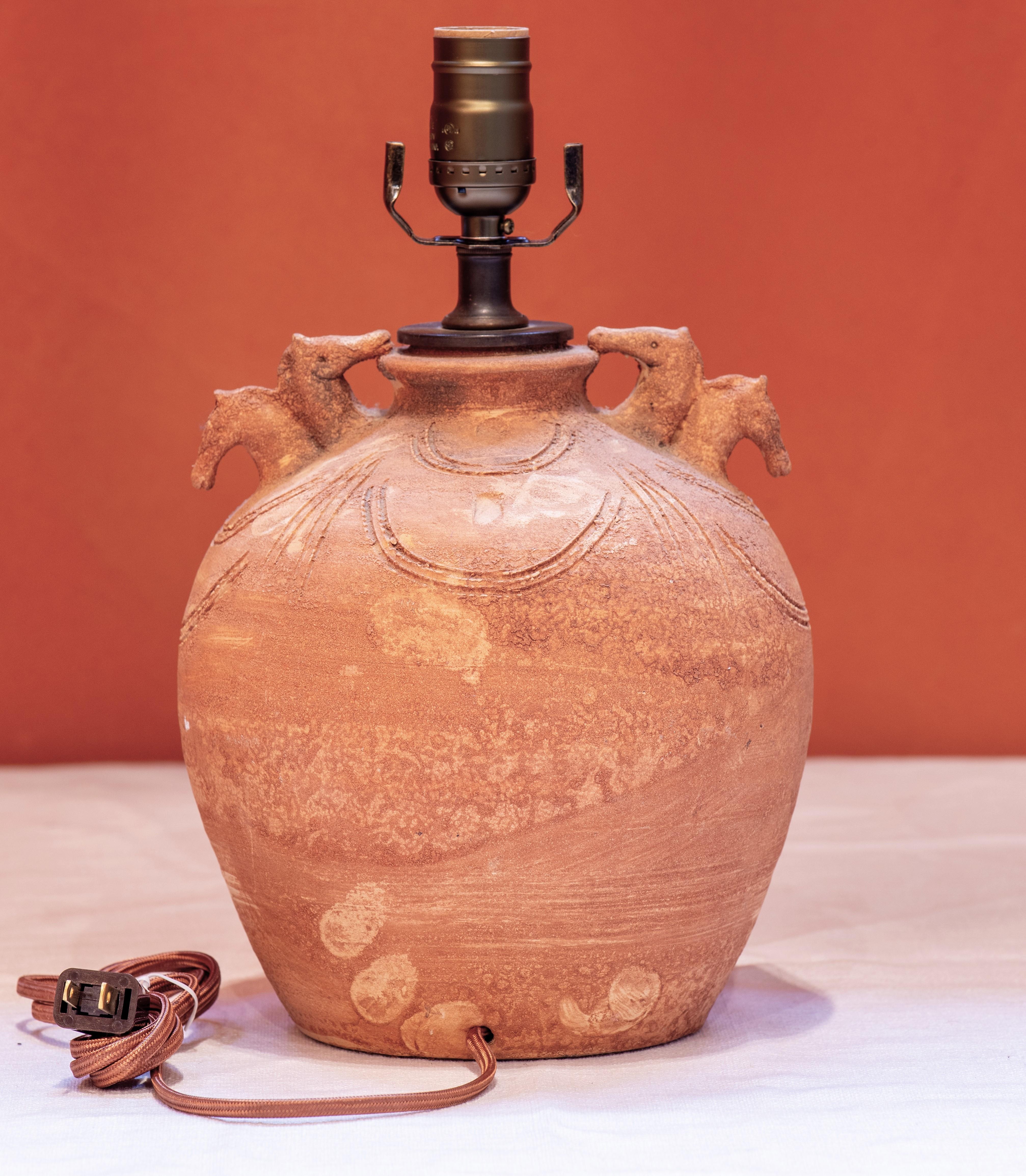 Hand-Crafted Hand-Thrown Terra Cotta Table Lamp with Rustic Horsehead Style