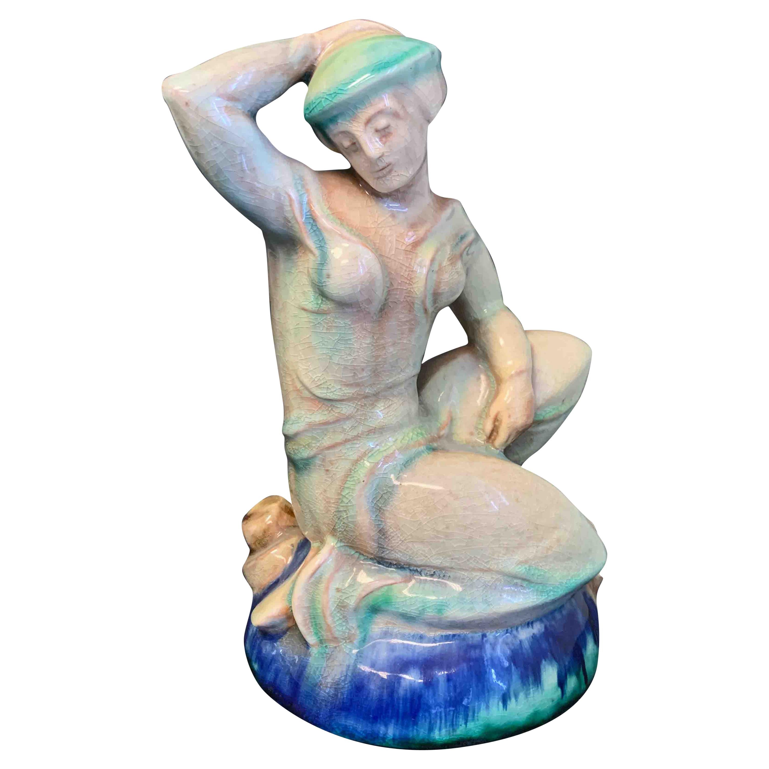 "Hand to Head, " Rare, Art Deco Sculpture with Female Figure in Blue and Green