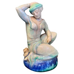 "Hand to Head," Rare, Art Deco Sculpture with Female Figure in Blue and Green