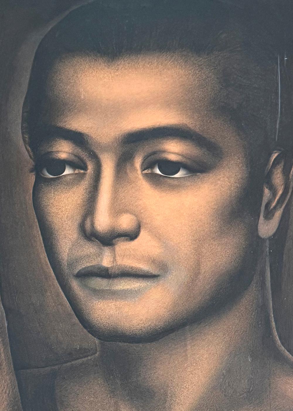 Superbly conceived and executed, this Mid Century drawing of a young man, probably African American and/or Hispanic, shows the artist's ability to create a mood, capturing the subject's pensiveness and gravity.  His heavy-lidded eyes and melancholy