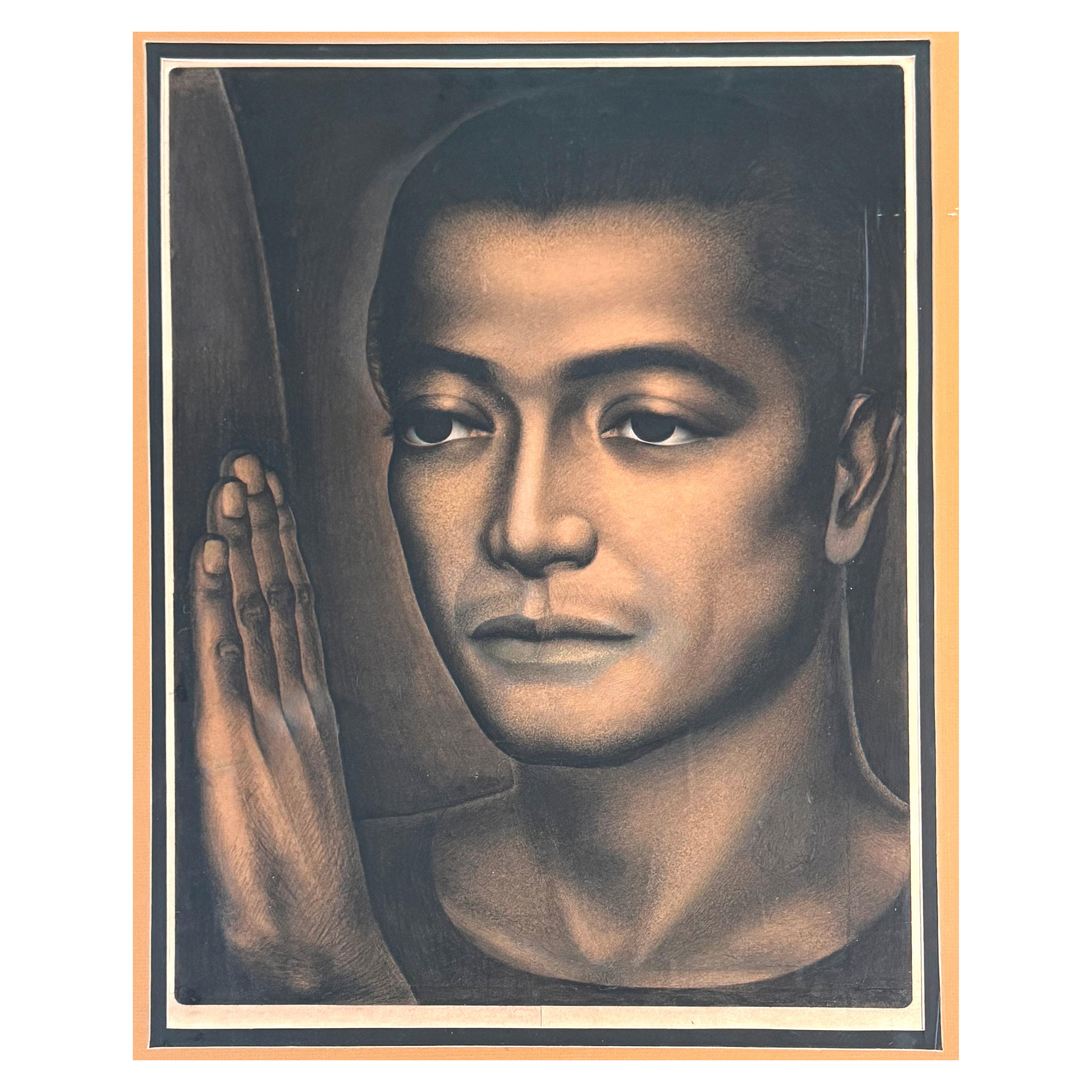 "Hand to Wall", Superb Portrait of Black-Hispanic Youth, Black and Brown Hues For Sale