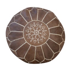 Hand-Tooled Brown Round Geniune Leather Pouf. UNSTUFFED. Custom Option Available