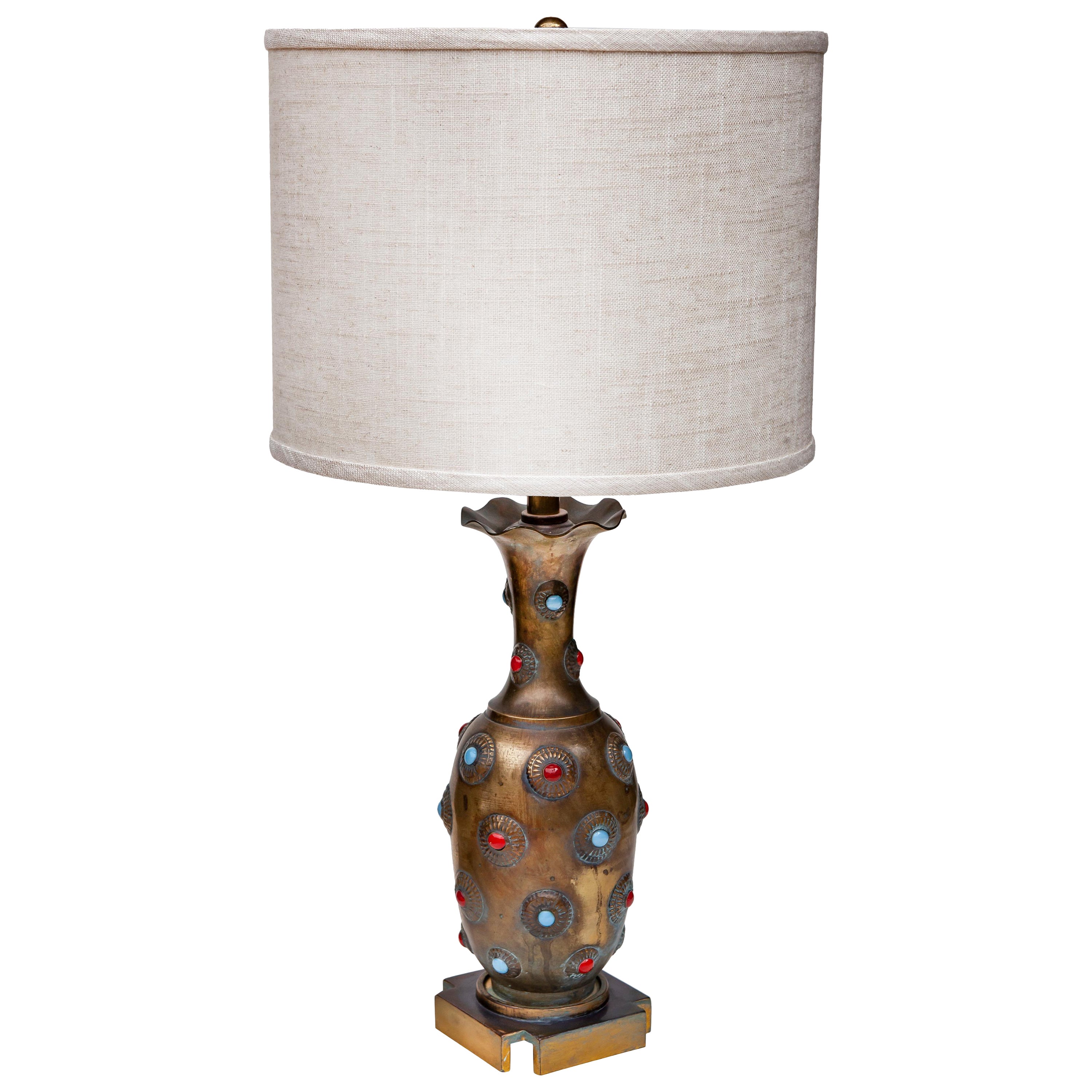 Hand Tooled Jewel Studded Brass Lamp