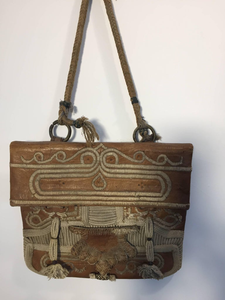Hand Tooled Leather African Tribal Moroccan Shoulder Bag For Sale at