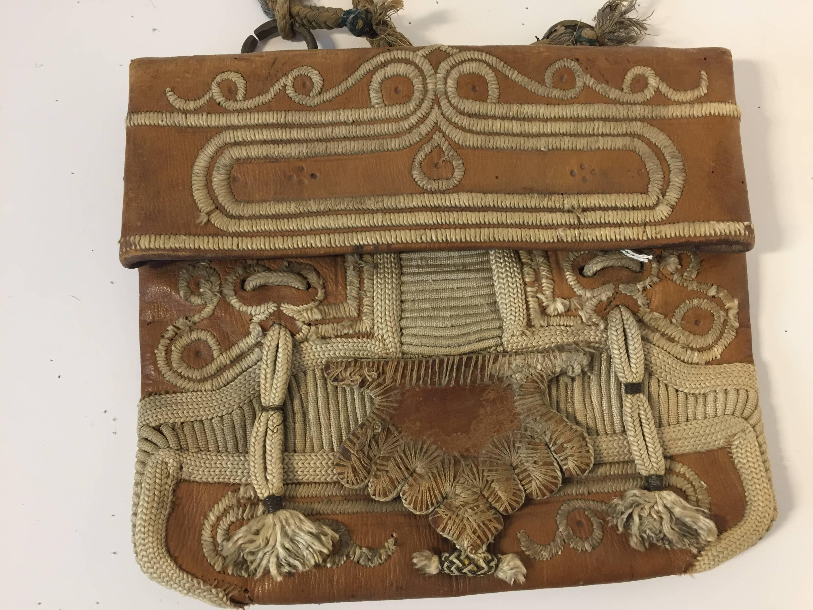Brown Hand Tooled Leather African Tribal Moroccan Shoulder Bag For Sale