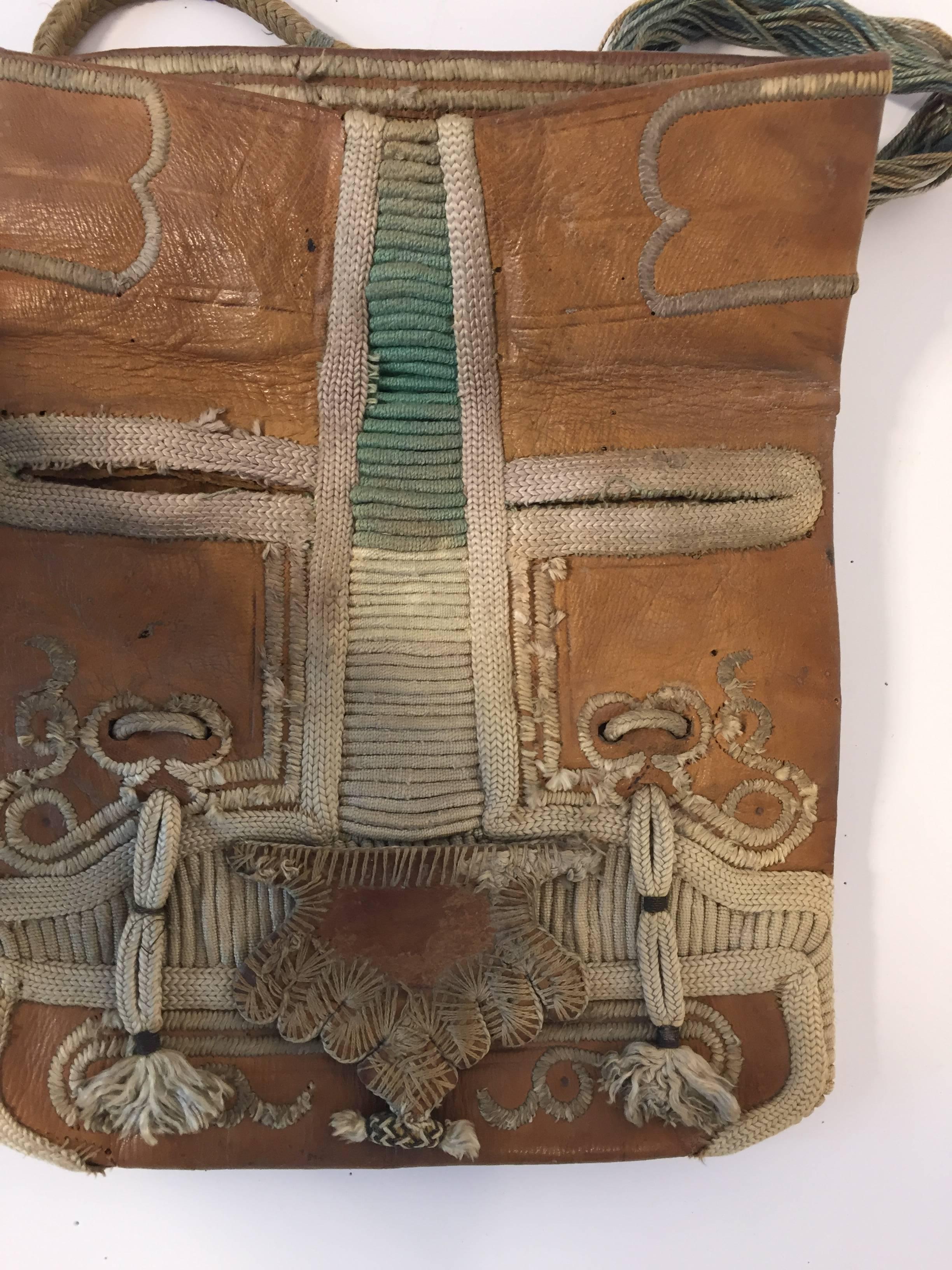 Hand Tooled Leather African Tribal Moroccan Shoulder Bag In Good Condition For Sale In North Hollywood, CA