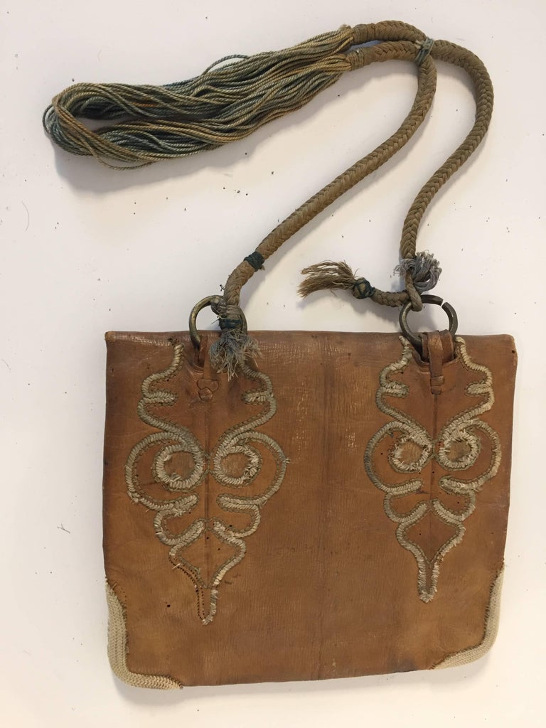 Hand Tooled Leather African Tribal Moroccan Shoulder Bag For Sale at