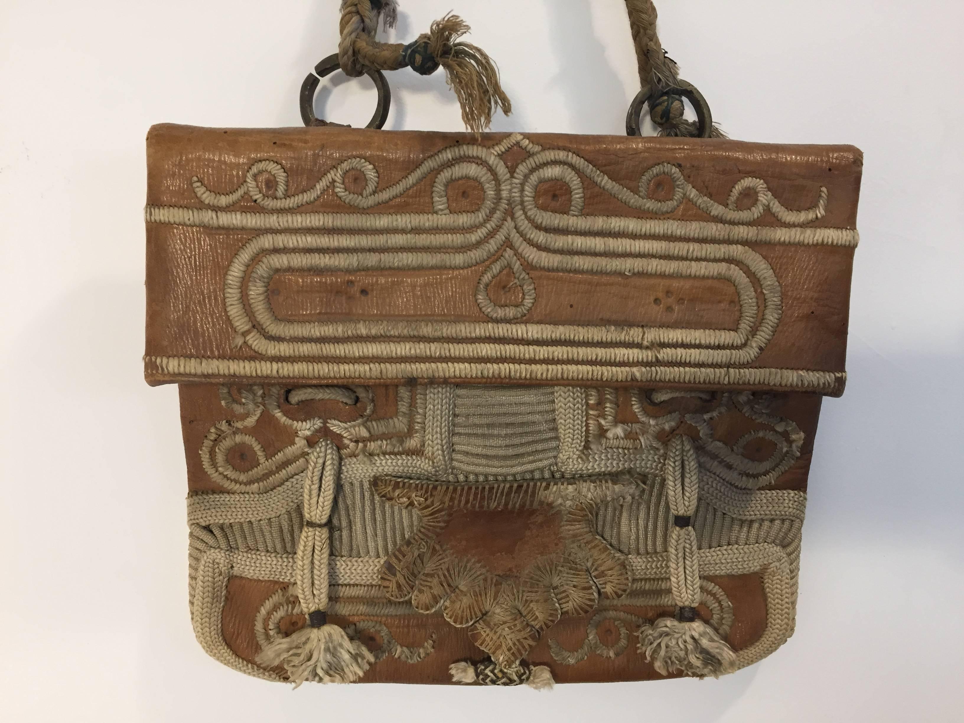 Hand Tooled Leather African Tribal Moroccan Shoulder Bag For Sale 4