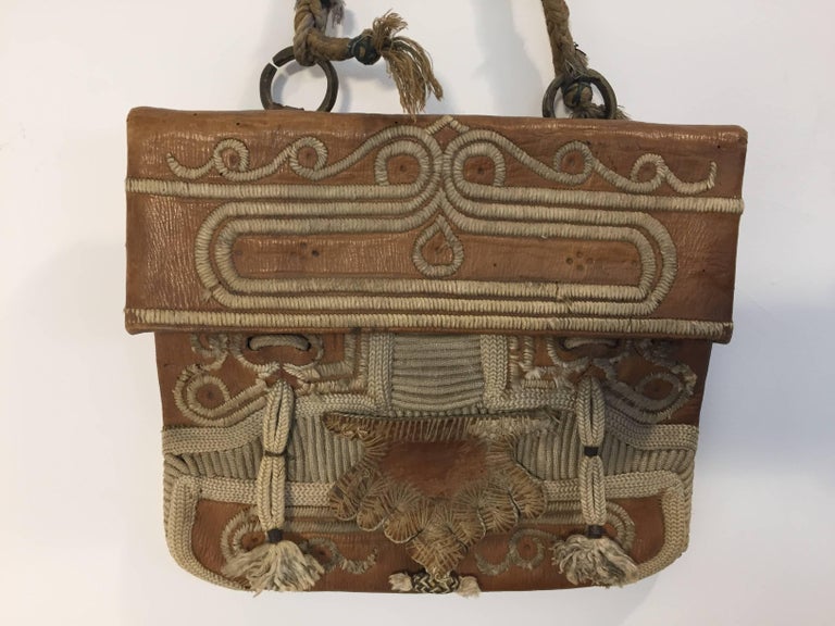 Hand Tooled Leather African Tribal Moroccan Shoulder Bag For Sale at