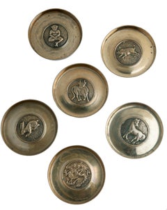 Hand Tooled Mid Century Brass Coasters Animal Motif Set/6