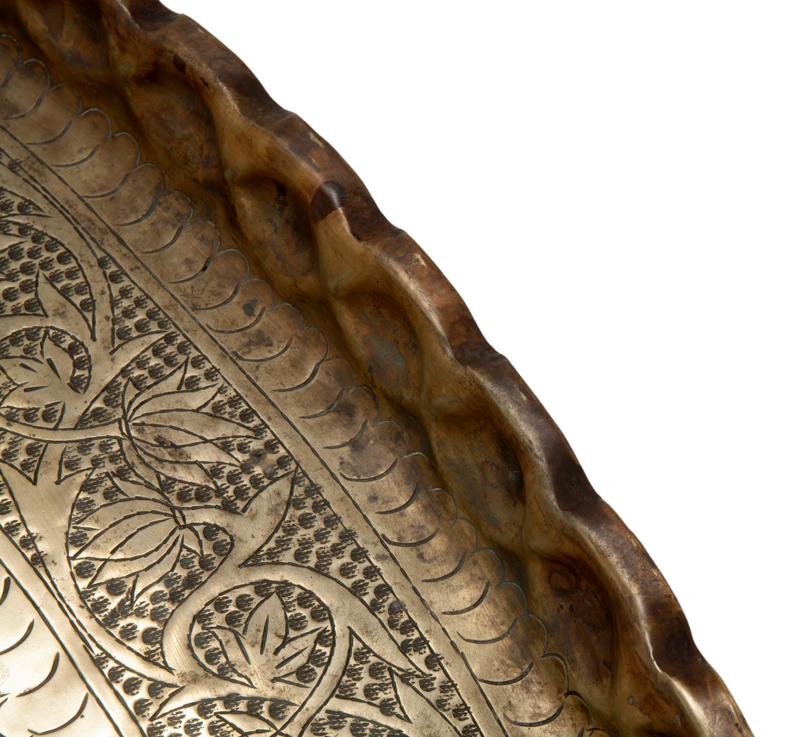 Tribal Hand Tooled Moroccan Etched Large Brass Oval Tray For Sale