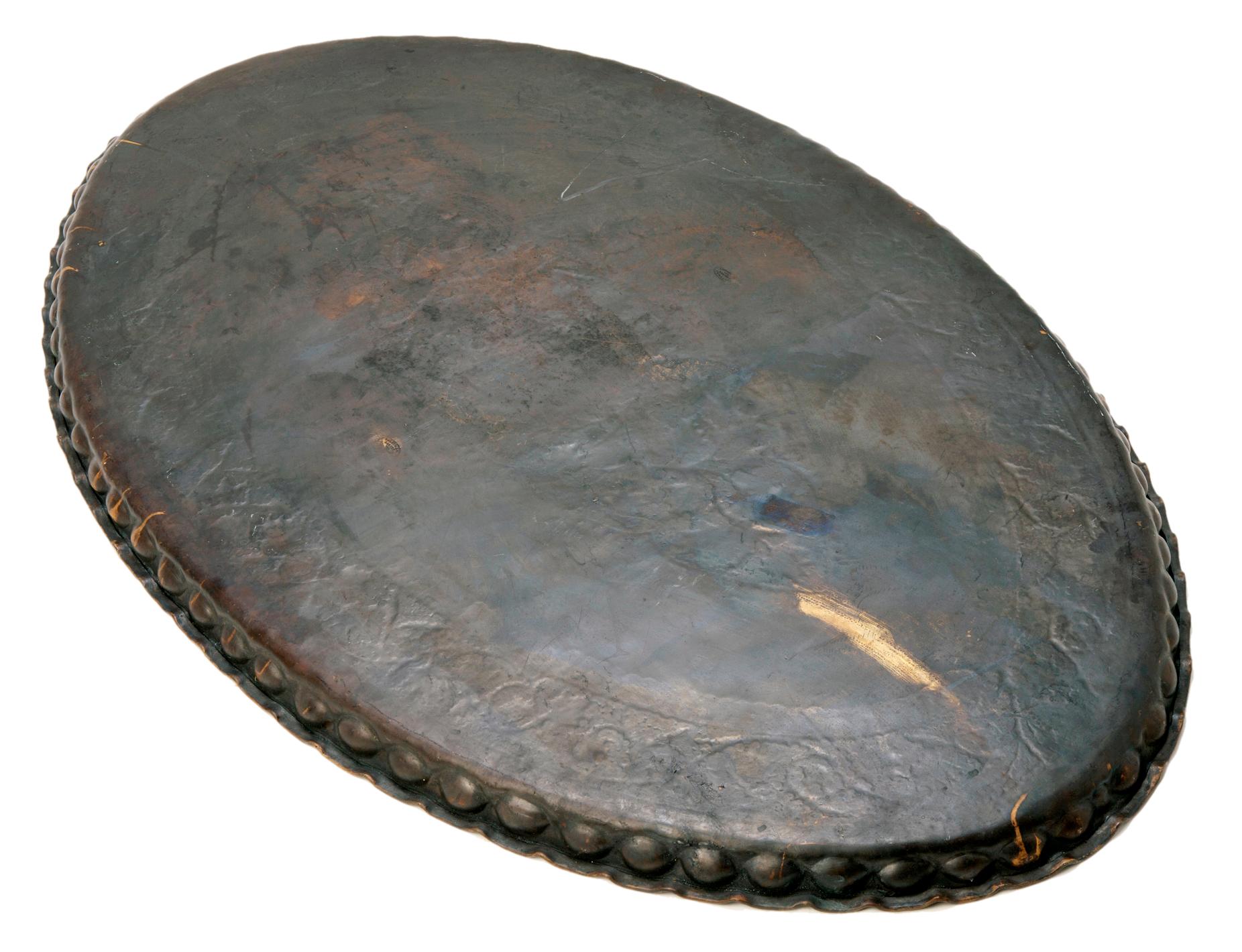 Hand Tooled Moroccan Etched Large Brass Oval Tray In Good Condition For Sale In Malibu, CA