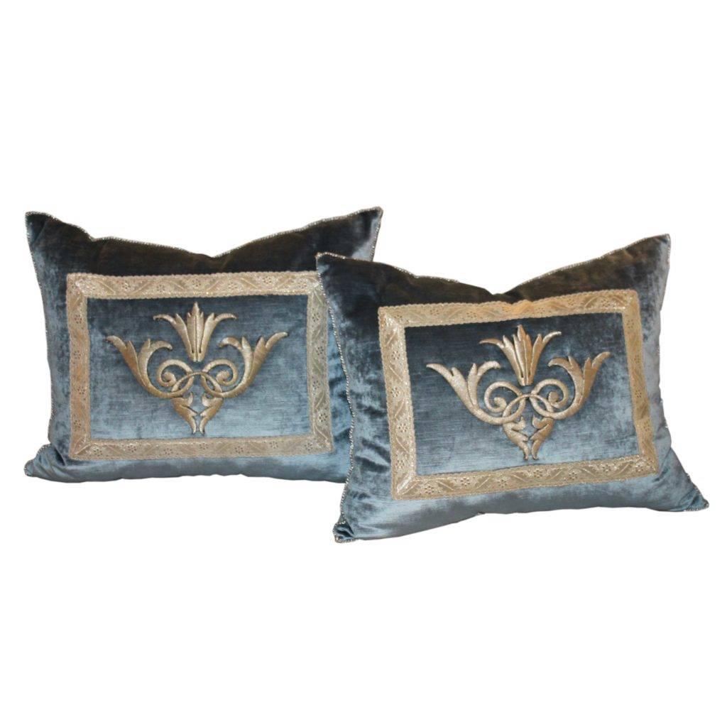 Hand Trimmed Velvet Pillows with Silver Metallic Cording, Knotted in the Corner