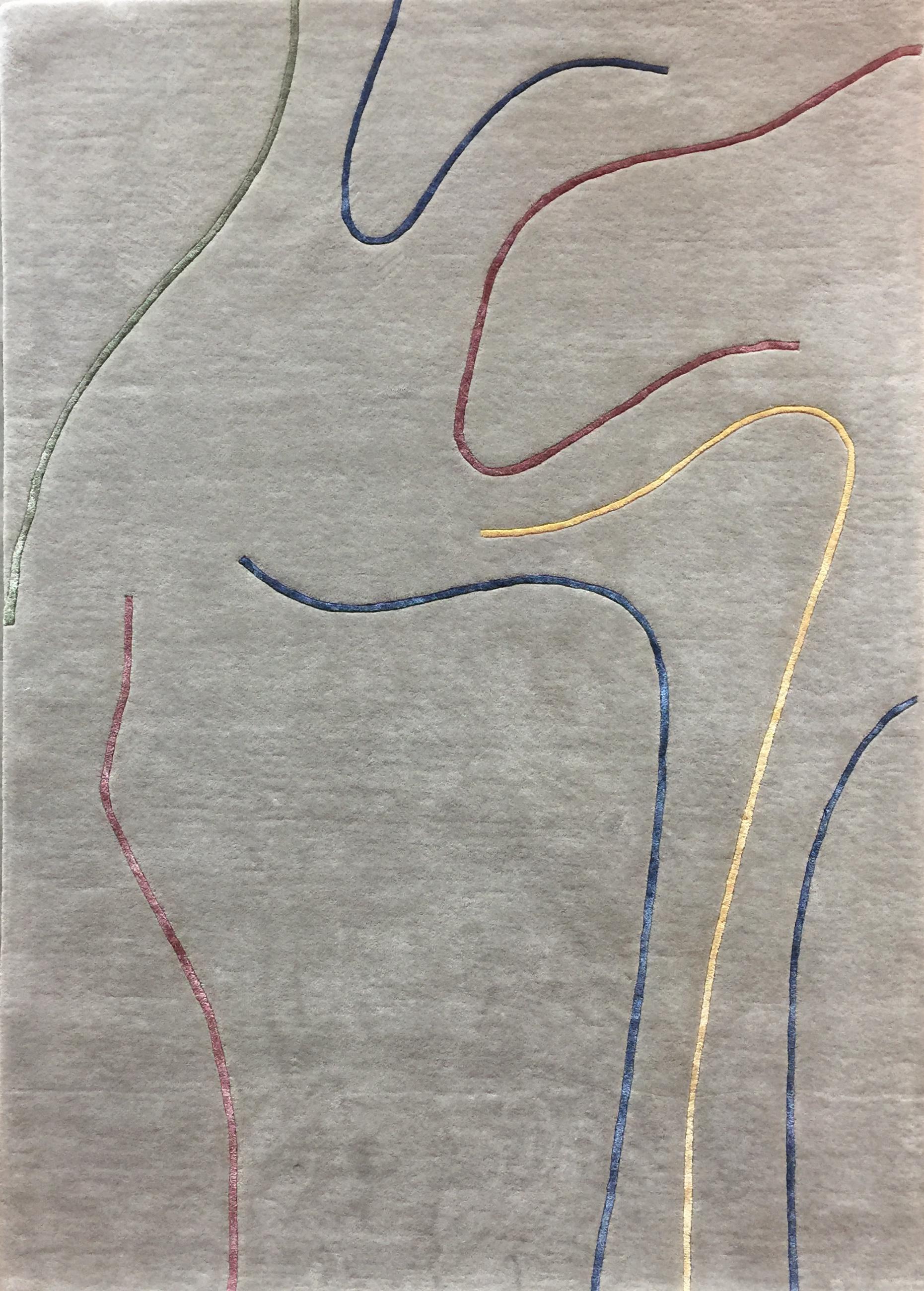 Teppich-Leinen – Teppich aus getufteter grauer Wolle mit mehrfarbigen Linien in Rot, Gelb und Blau  (Moderne) im Angebot