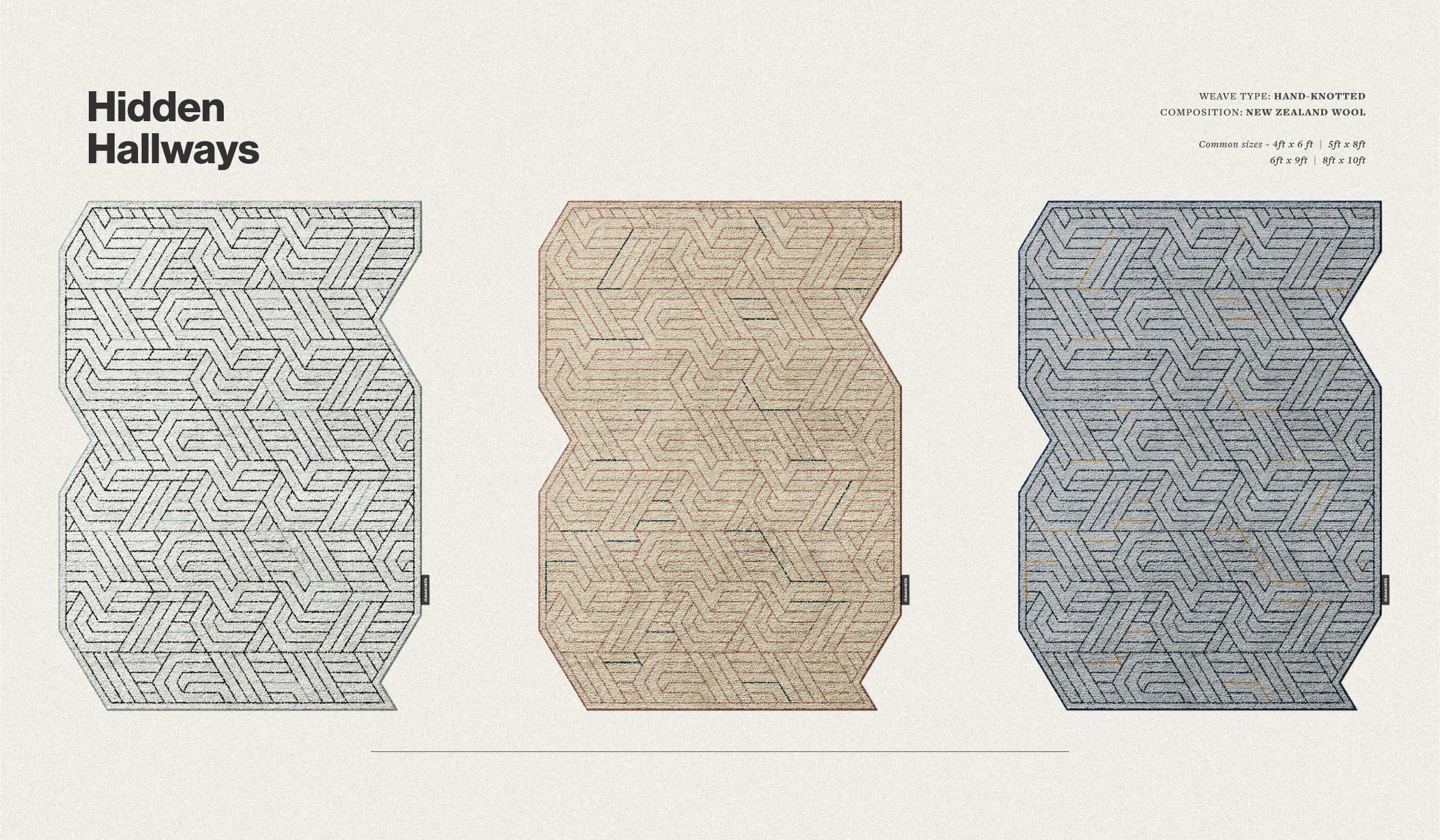 Angular lines collaborate to manifest a labyrinth. A unique shape for your space. Hidden Hallways is an Asymmetrical rug that in an instance becomes the last piece of your interior jigsaw. With its labyrinth of lines and neutral colors, Hidden