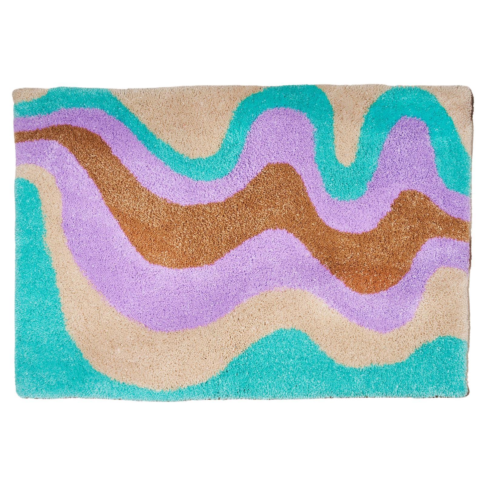 Hand Tufted Lavender, White, Teal, Brown Wavy Rug For Sale