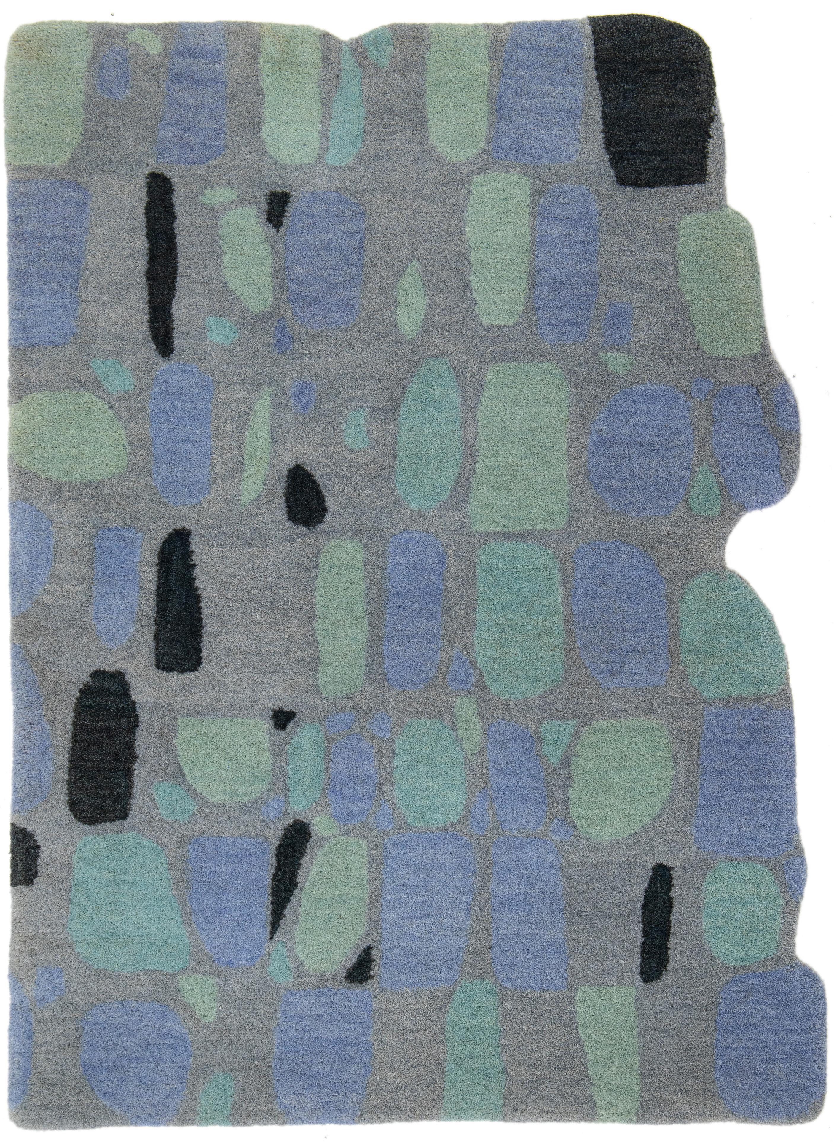 Indian Hand-Tufted Modern Custom Wool Rug with Abstract Pattern By Apadana For Sale
