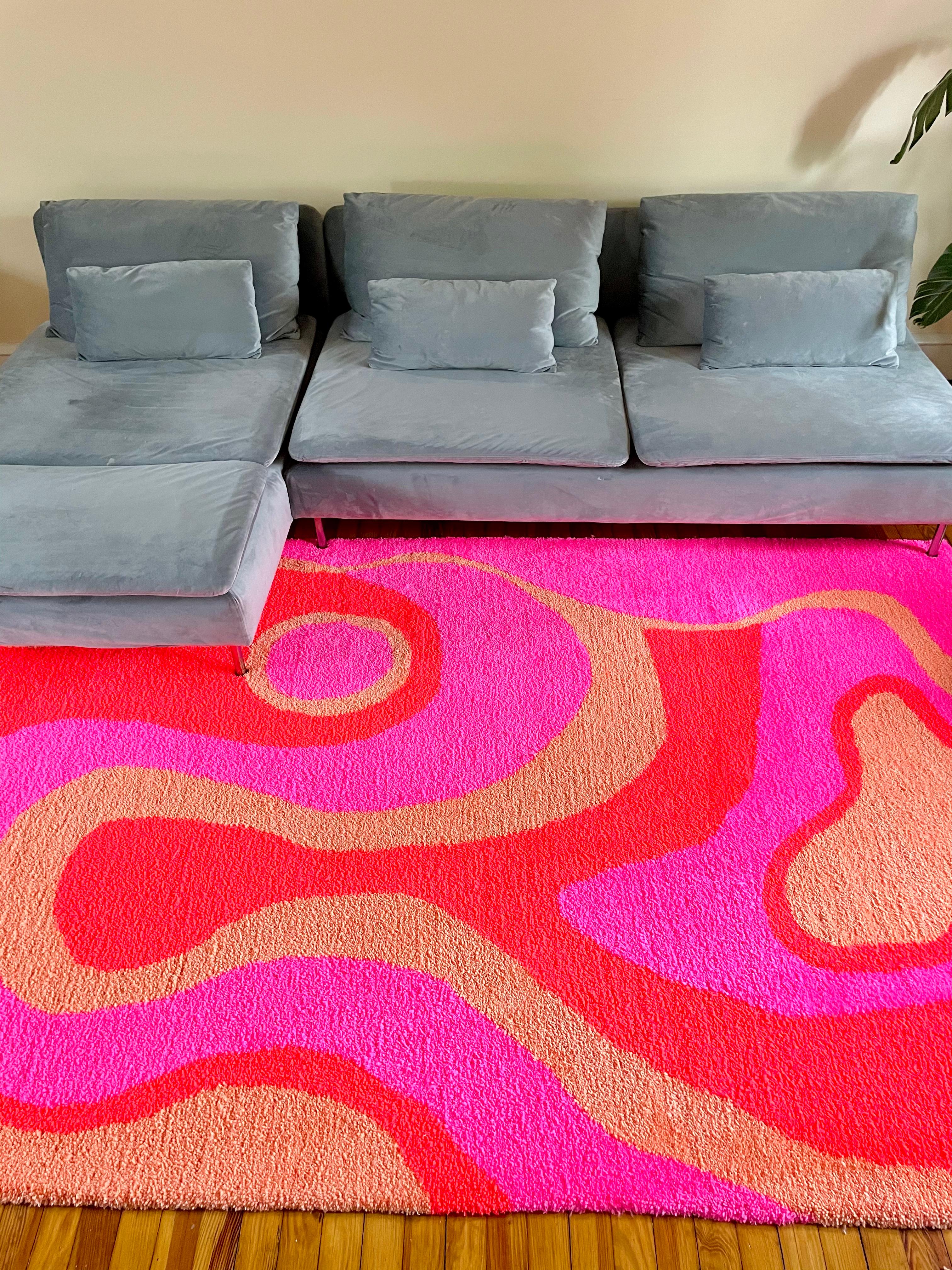 Post-Modern Hand Tufted Psychedelic Pink, Red, and Orange Abstract Swirl Area Rug For Sale