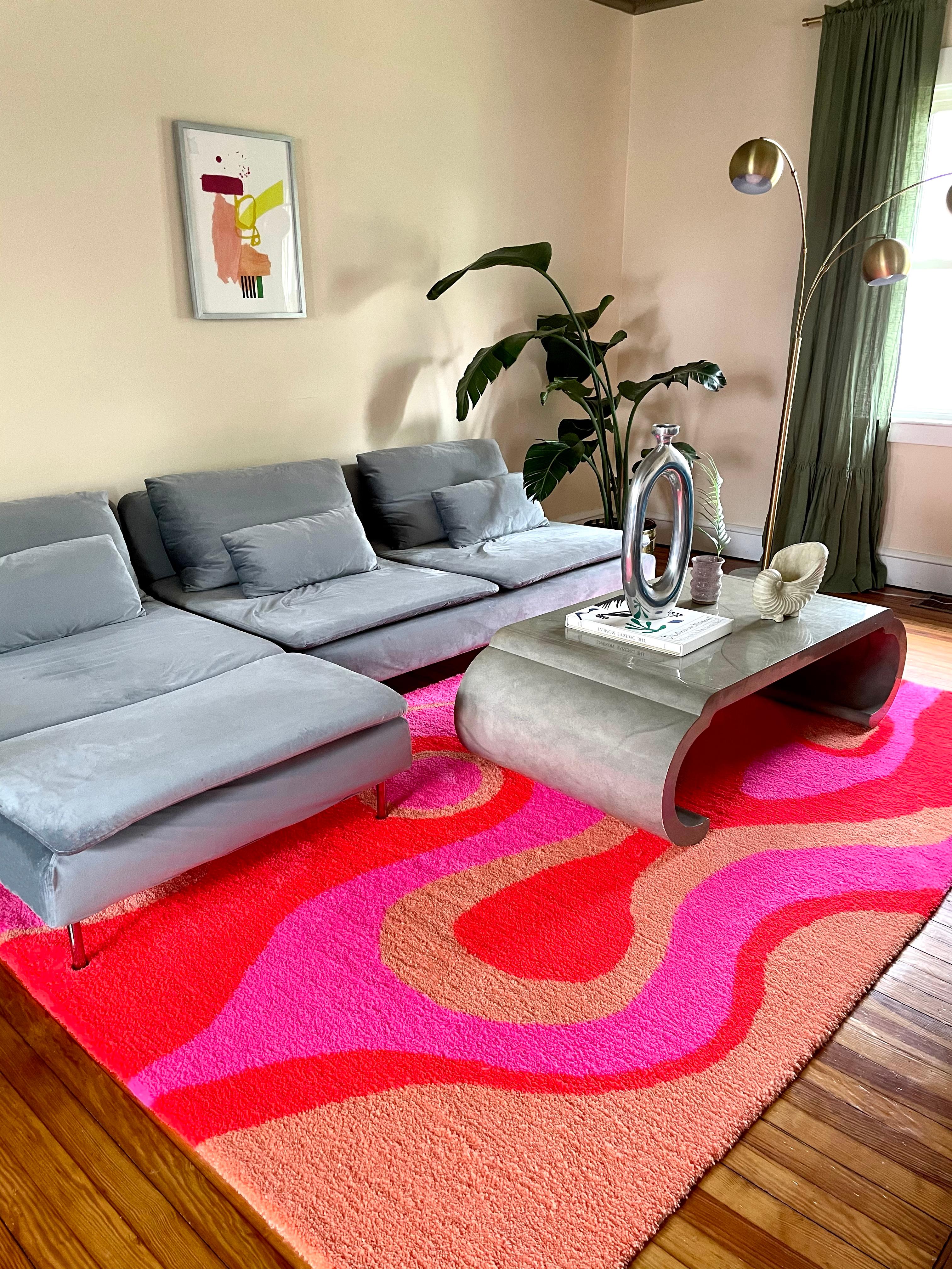 American Hand Tufted Psychedelic Pink, Red, and Orange Abstract Swirl Area Rug For Sale
