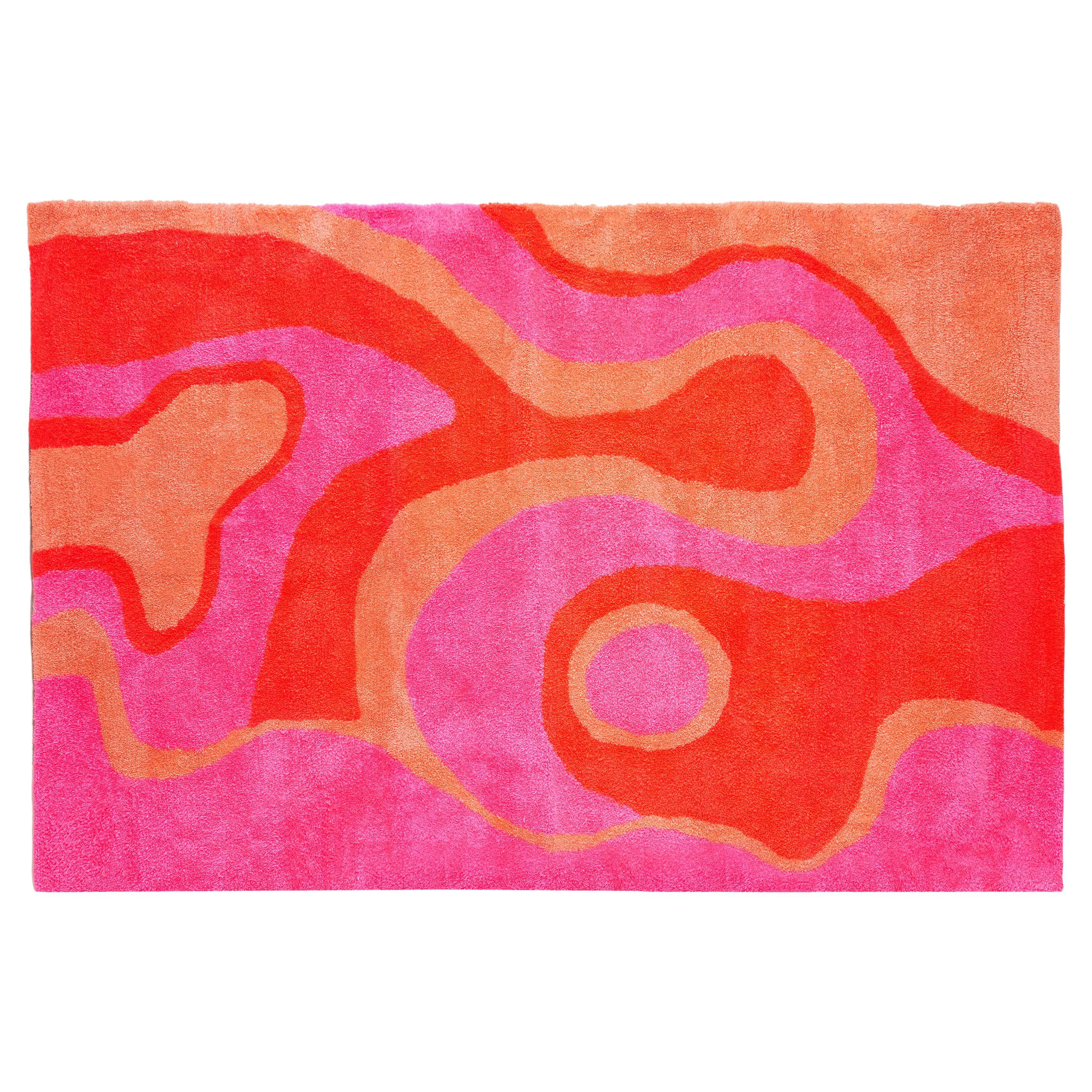 Hand Tufted Psychedelic Pink, Red, and Orange Abstract Swirl Area Rug For Sale
