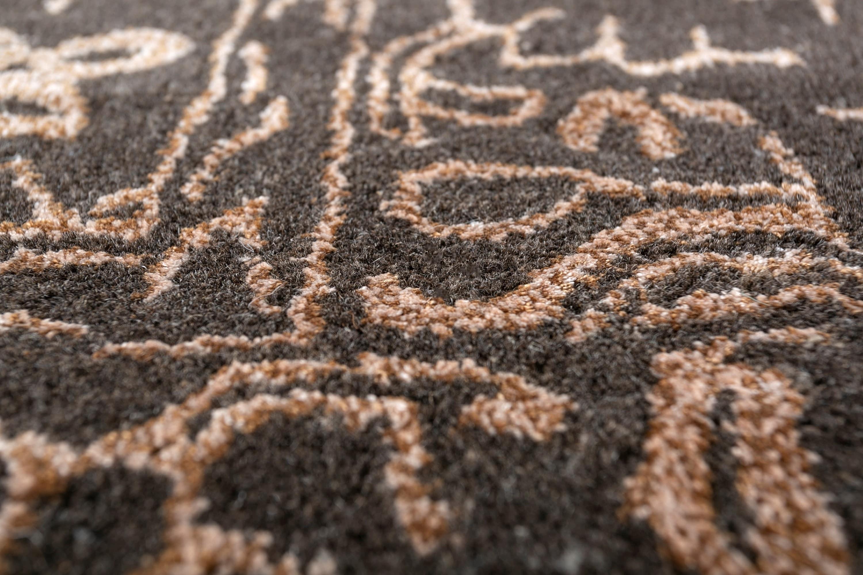 Indien Tapis en laine et viscose, tufté à la main, coloris Brown foncé et abricot, design transitionnel en vente