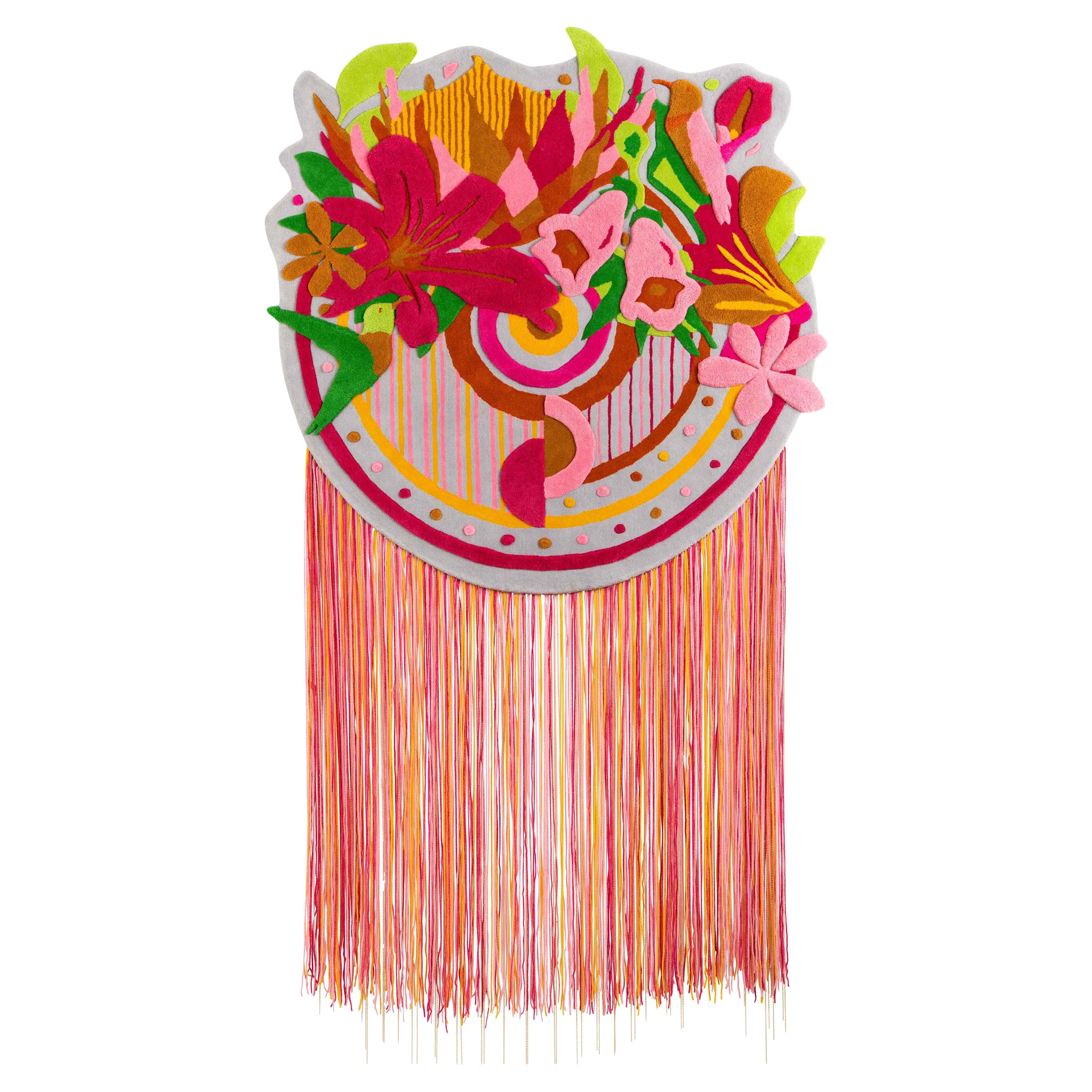 Handgetufteter Wollteppich, zeitgenössische Kunst, Sunbirds and Flowers, Tjitske Storm