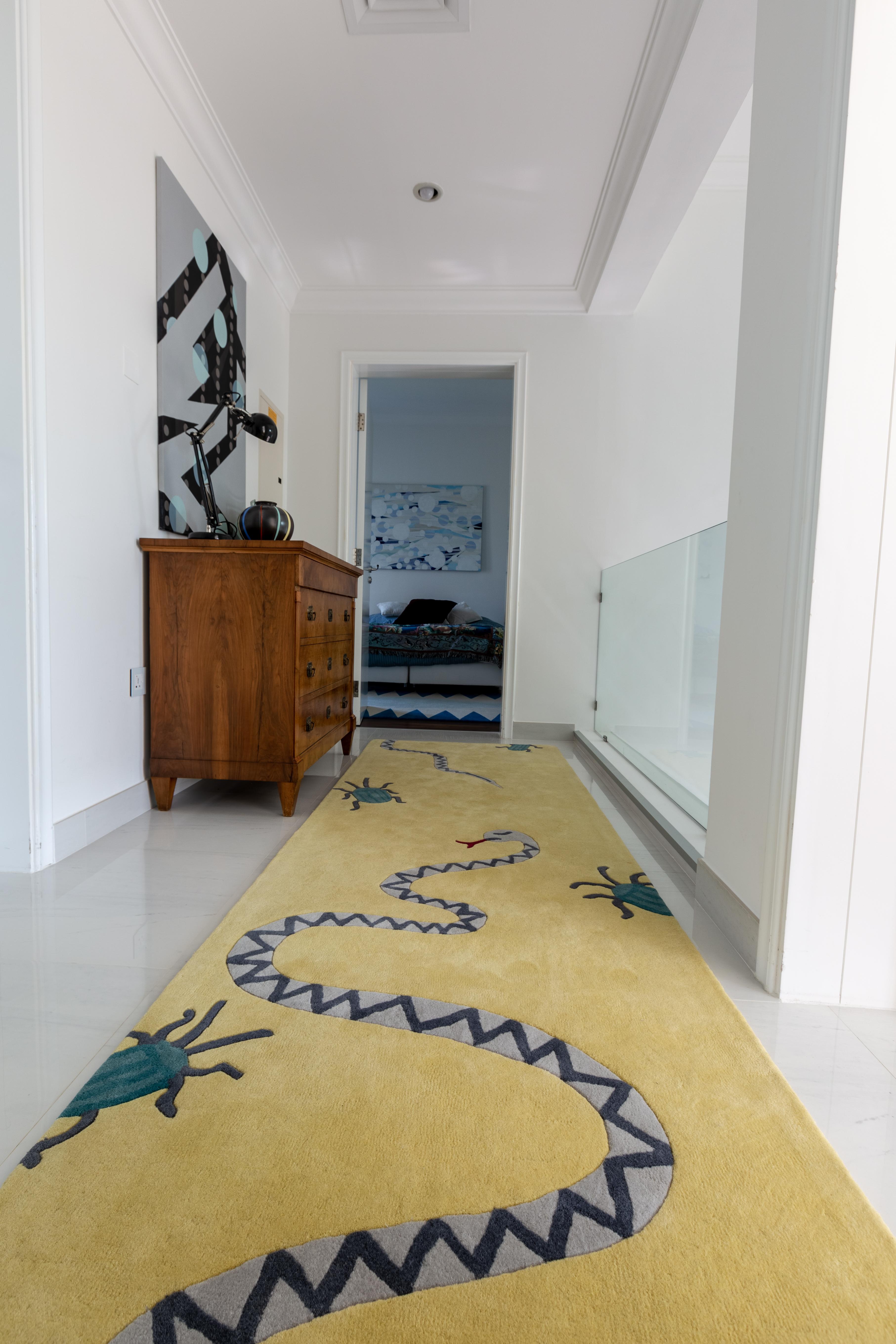 Hand-Crafted Rug Scandinavian Summer - Modern Tufted Yellow Wool with Snake and Bugs carpet For Sale