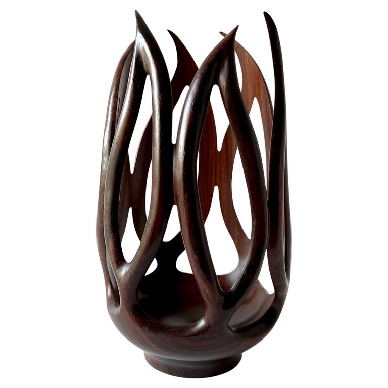 Hand Turned Carved Rosewood Decorative Flame Vase For Sale at 1stDibs