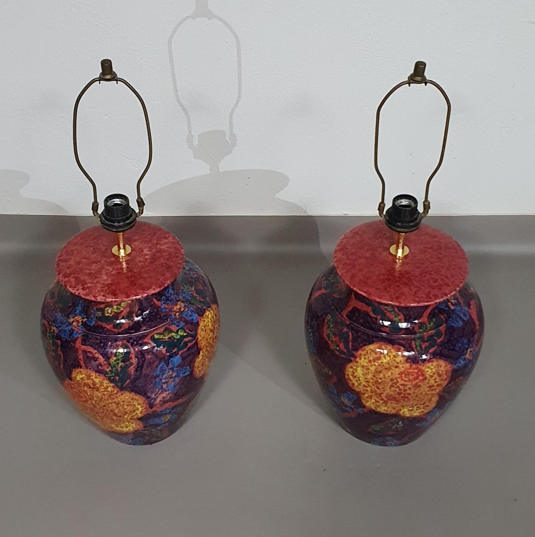 Hand - turned ceramic / glazed vase lamp holders 70s ( most likely French ) Height / vase 40 cm Depth / 32 cm Total height 74 cm