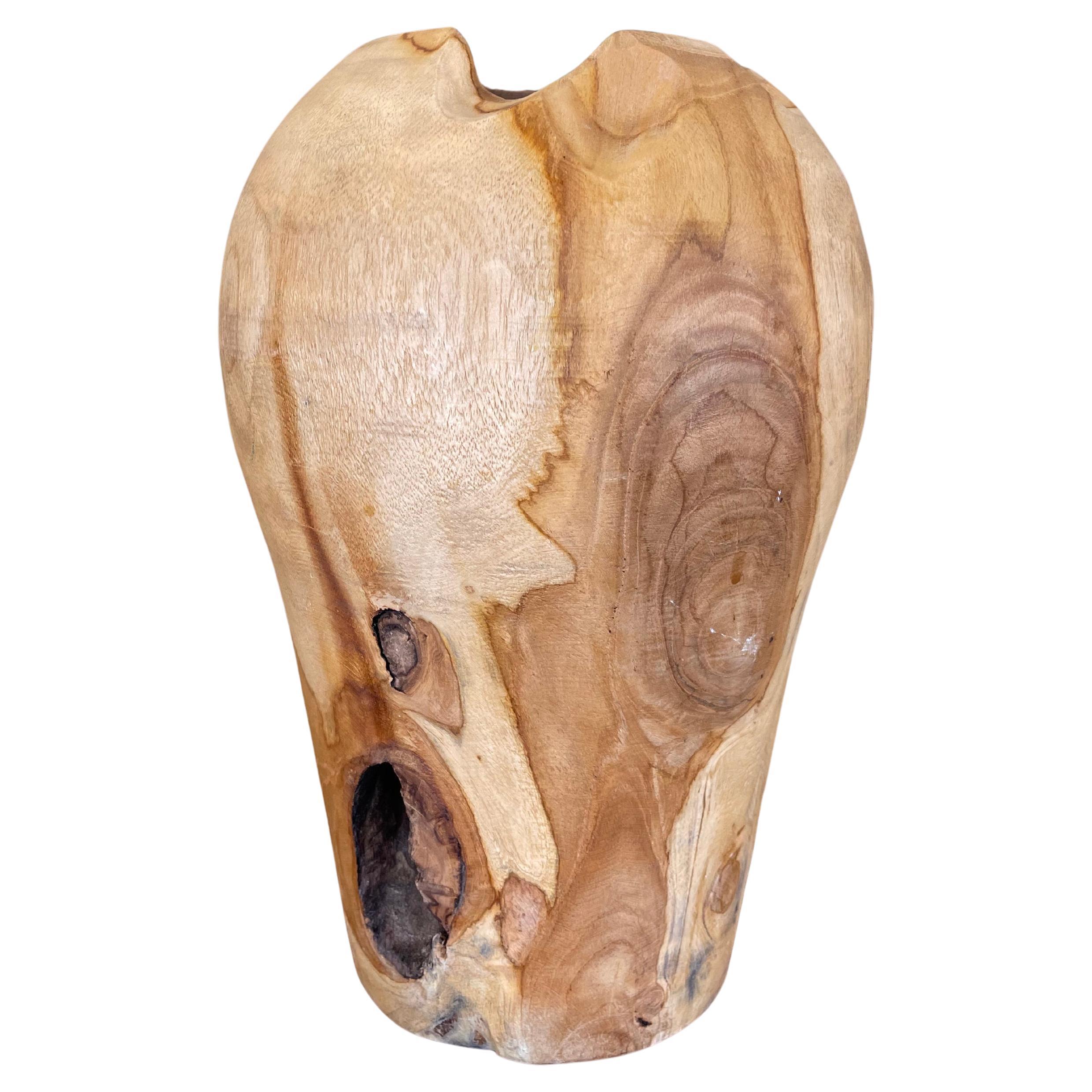 Hand-Turned Natural Edge Wooden Vase with Organic Grain and Knot Details For Sale