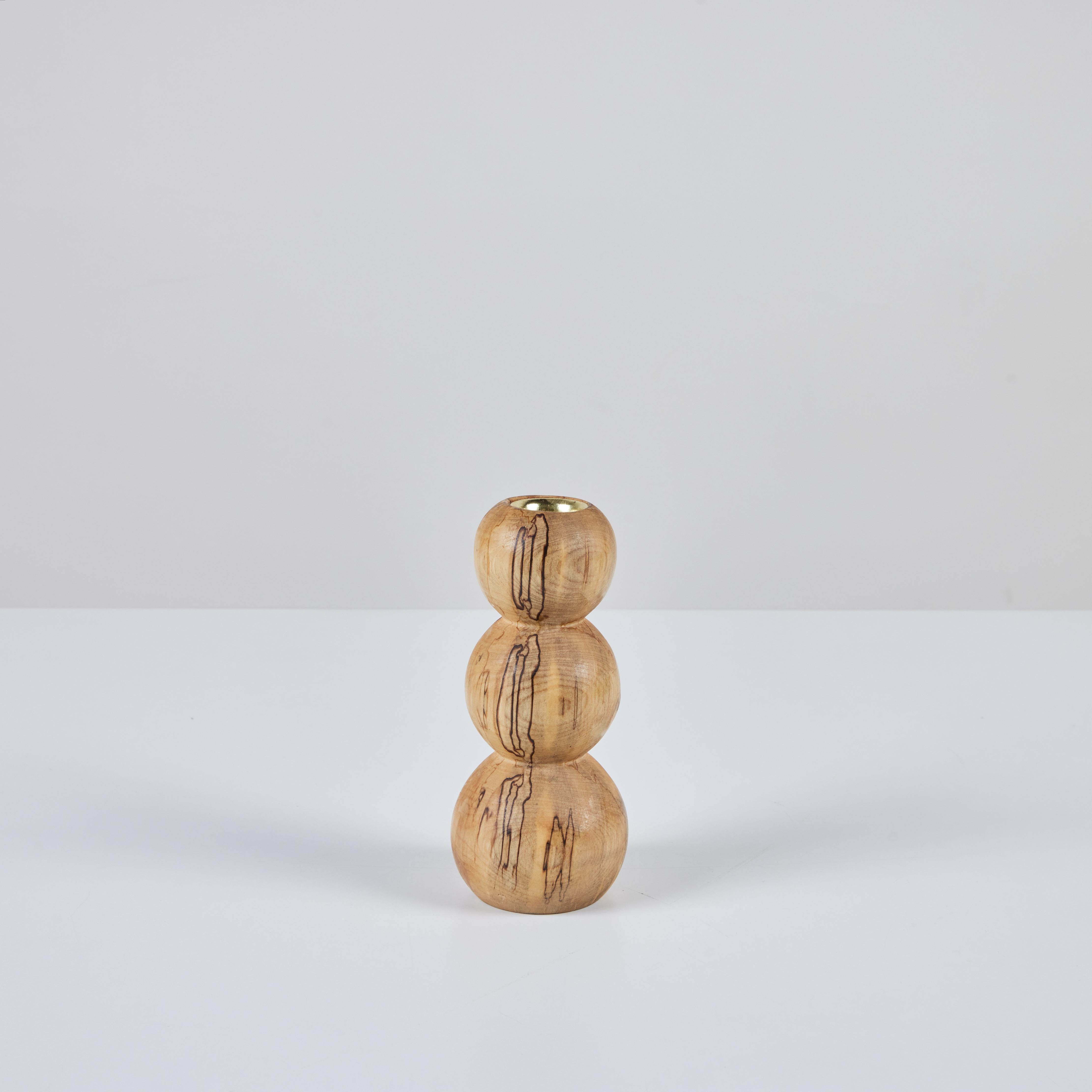 Brass Hand Turned Spalted Birch Bubble Candlestick Holder by Evan Segota For Sale