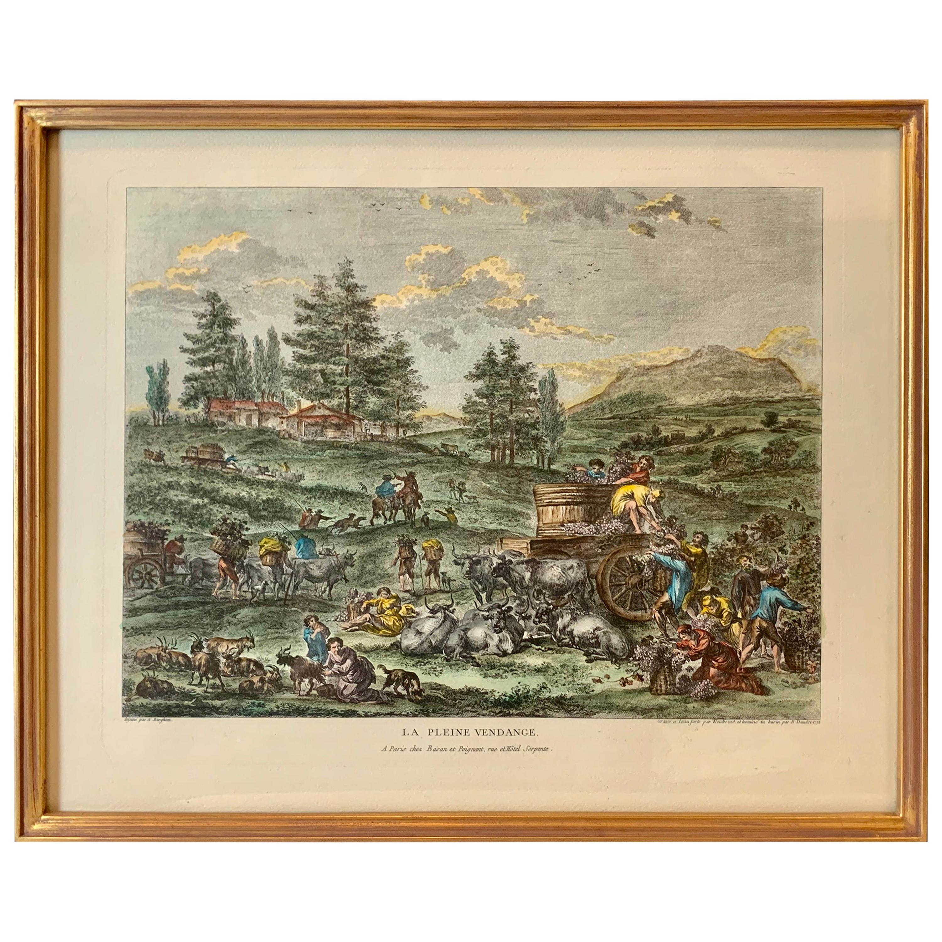 "La Pleine Vendange",  French Grape Harvest-Hand Watercolored For Sale