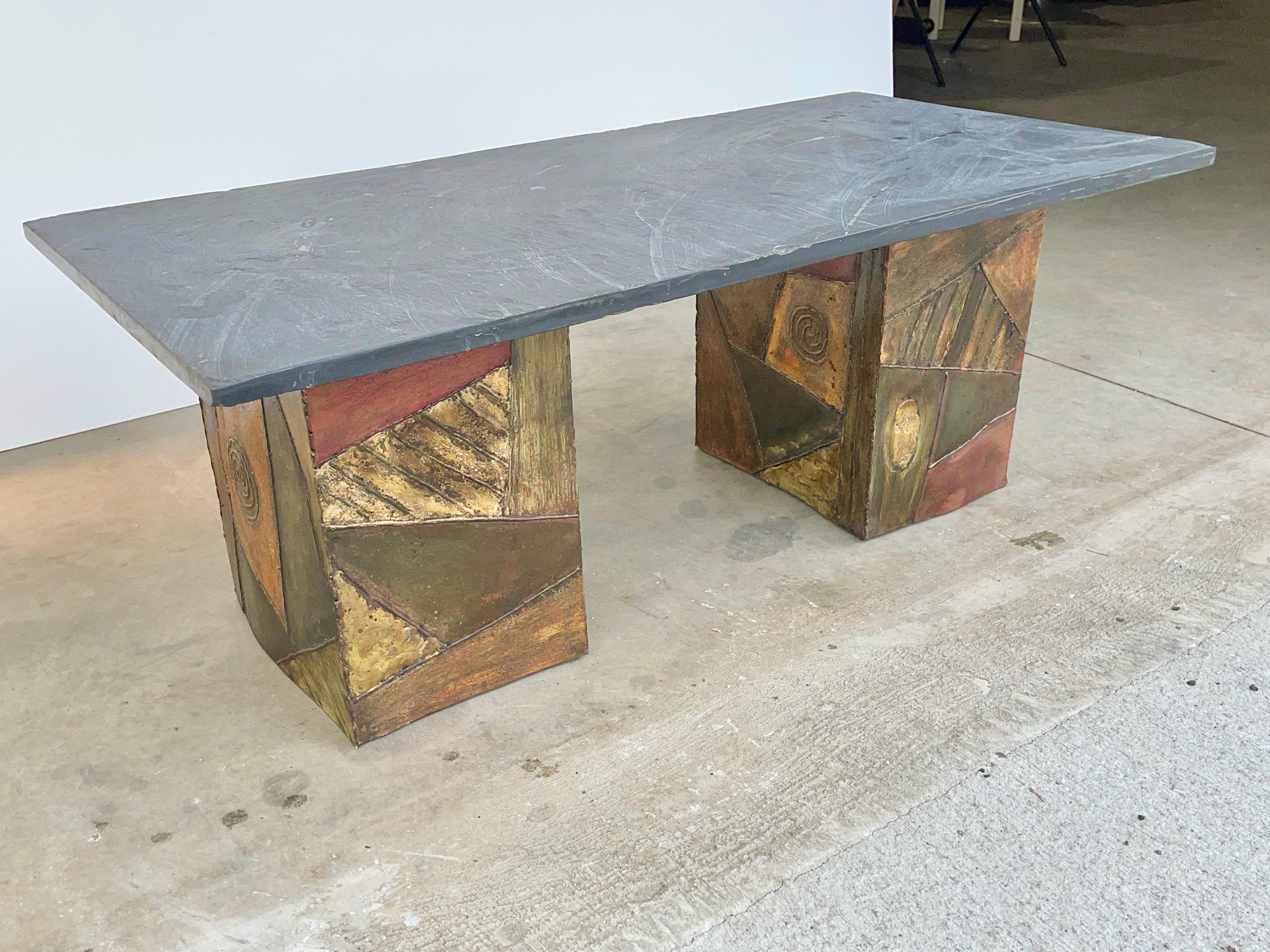 Hand-Welded Cubes Cocktail Table with Slate Top After Paul Evans In Good Condition For Sale In Hanover, MA
