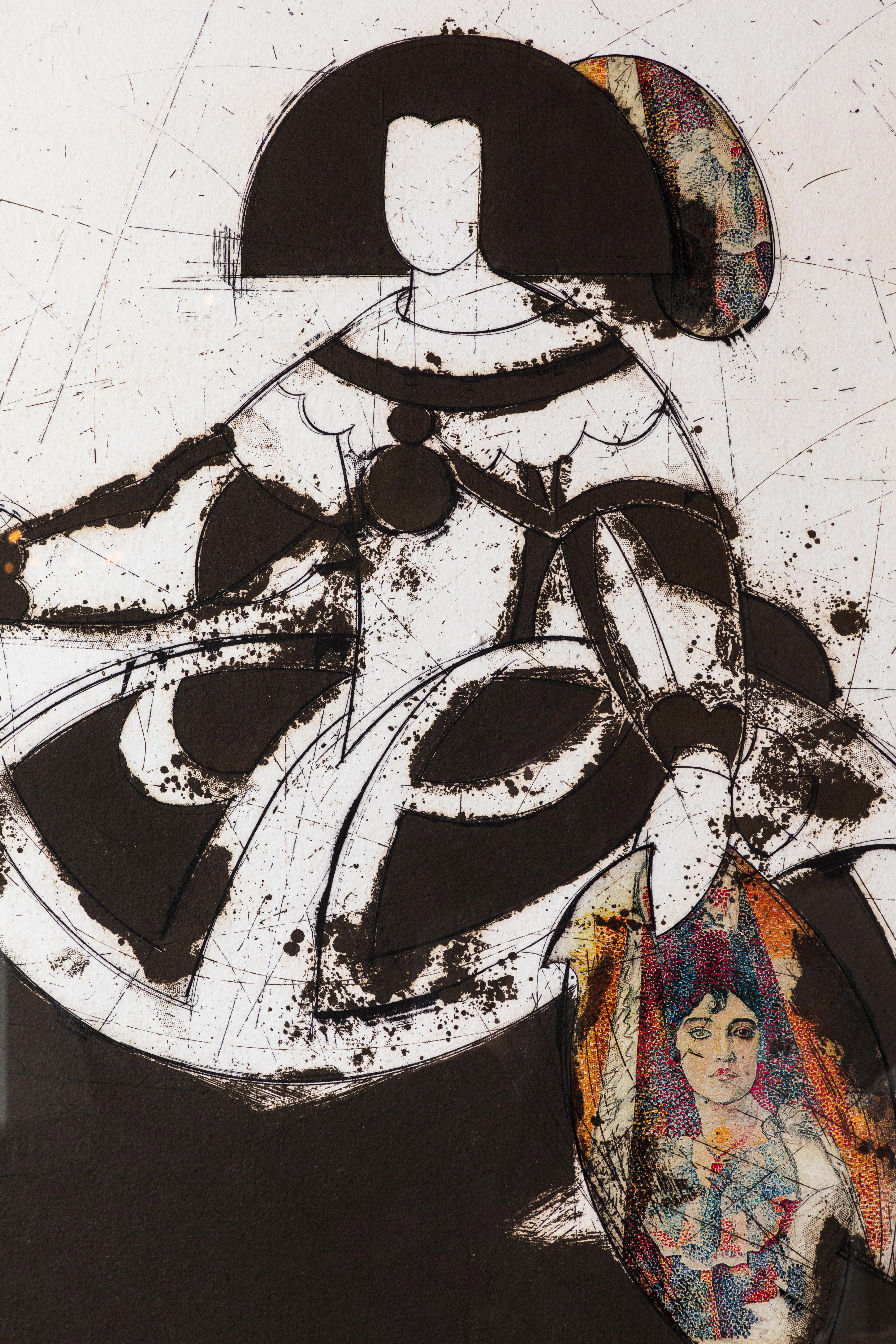 Signed, numbered, 2001 etching and hand-worked collage, 