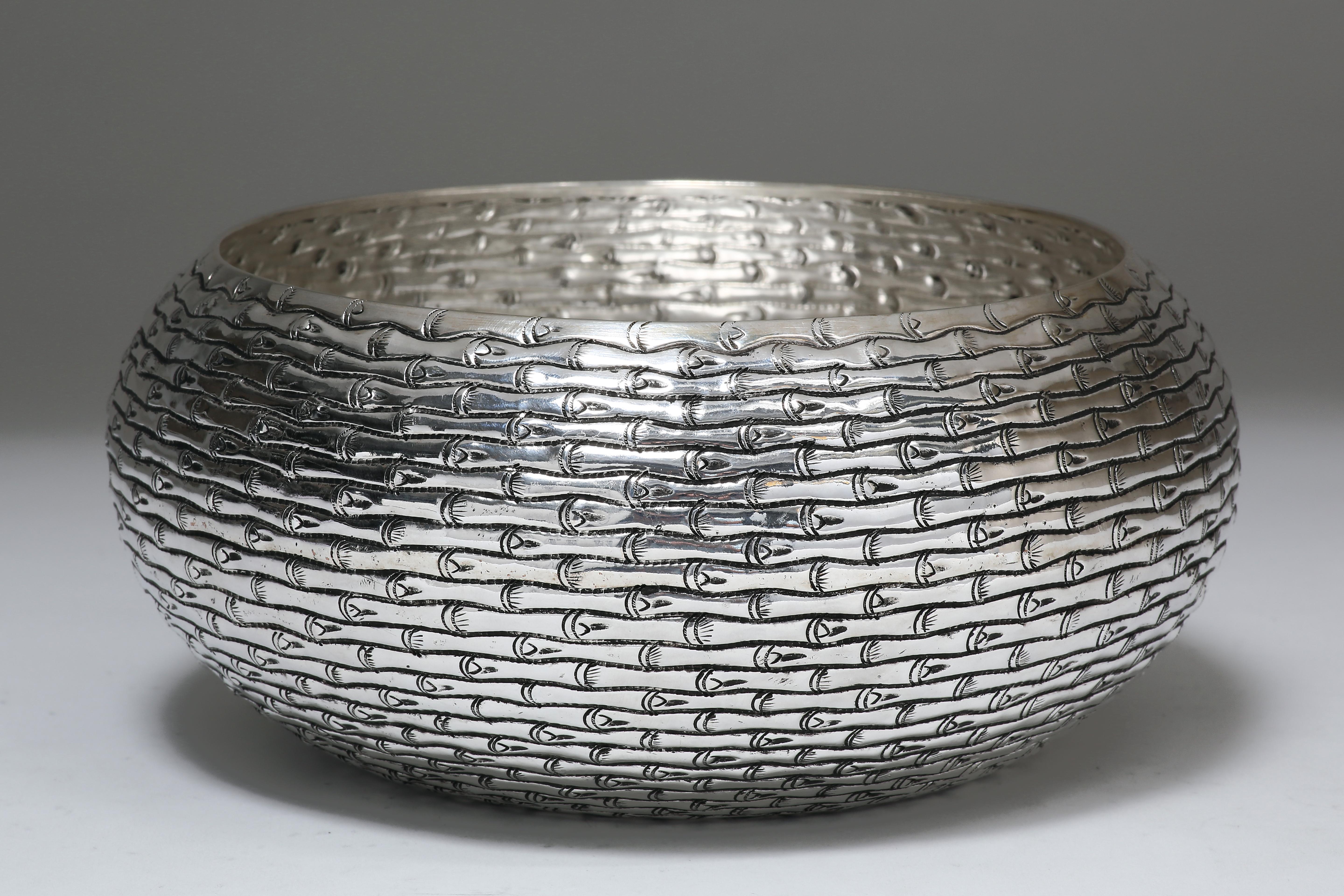 Hong Kong Hand-Worked Solid Silver Bowl, Bamboo Motif, Centerpiece