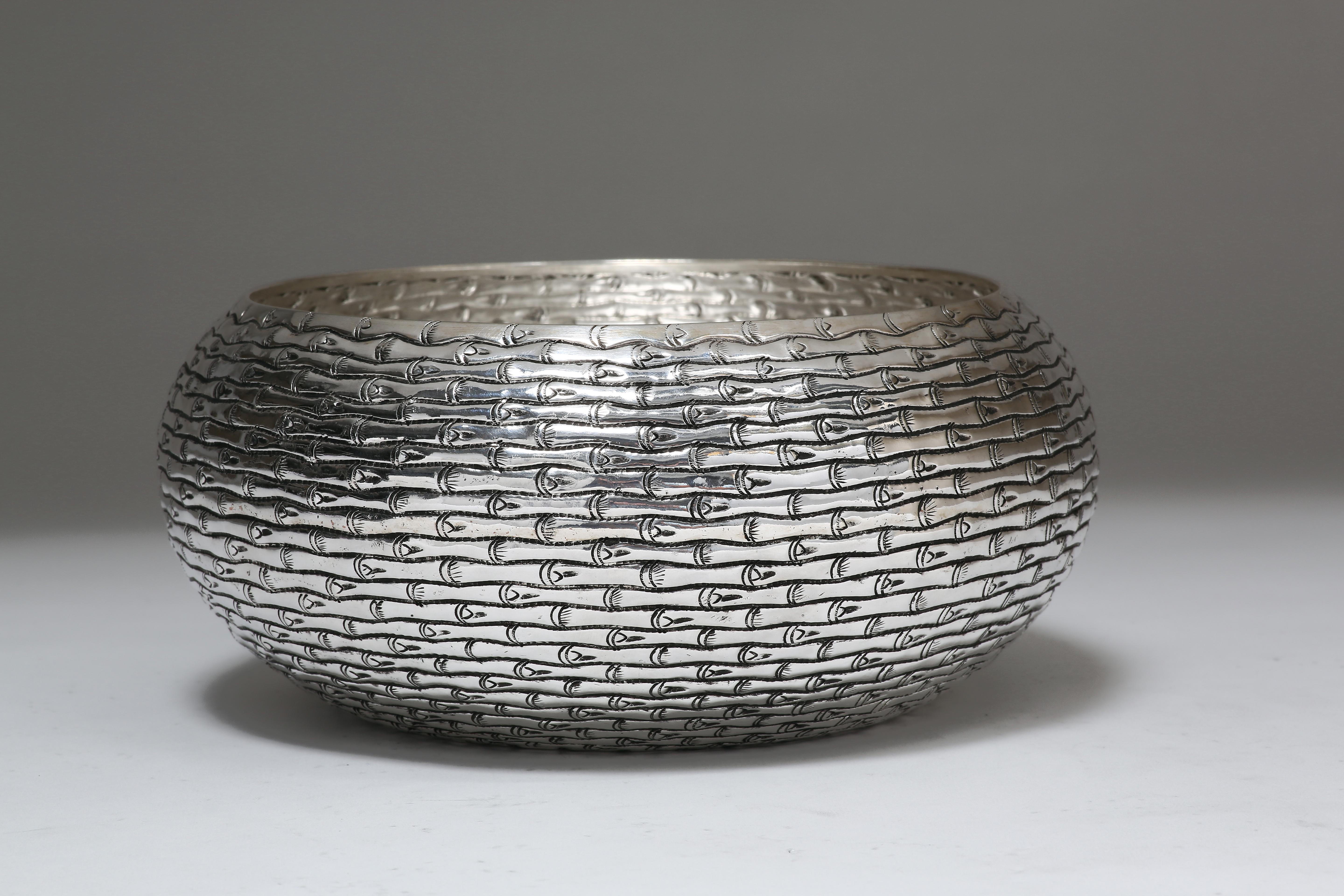 Hand-Worked Solid Silver Bowl, Bamboo Motif, Centerpiece In Excellent Condition In 10 Chater Road, HK