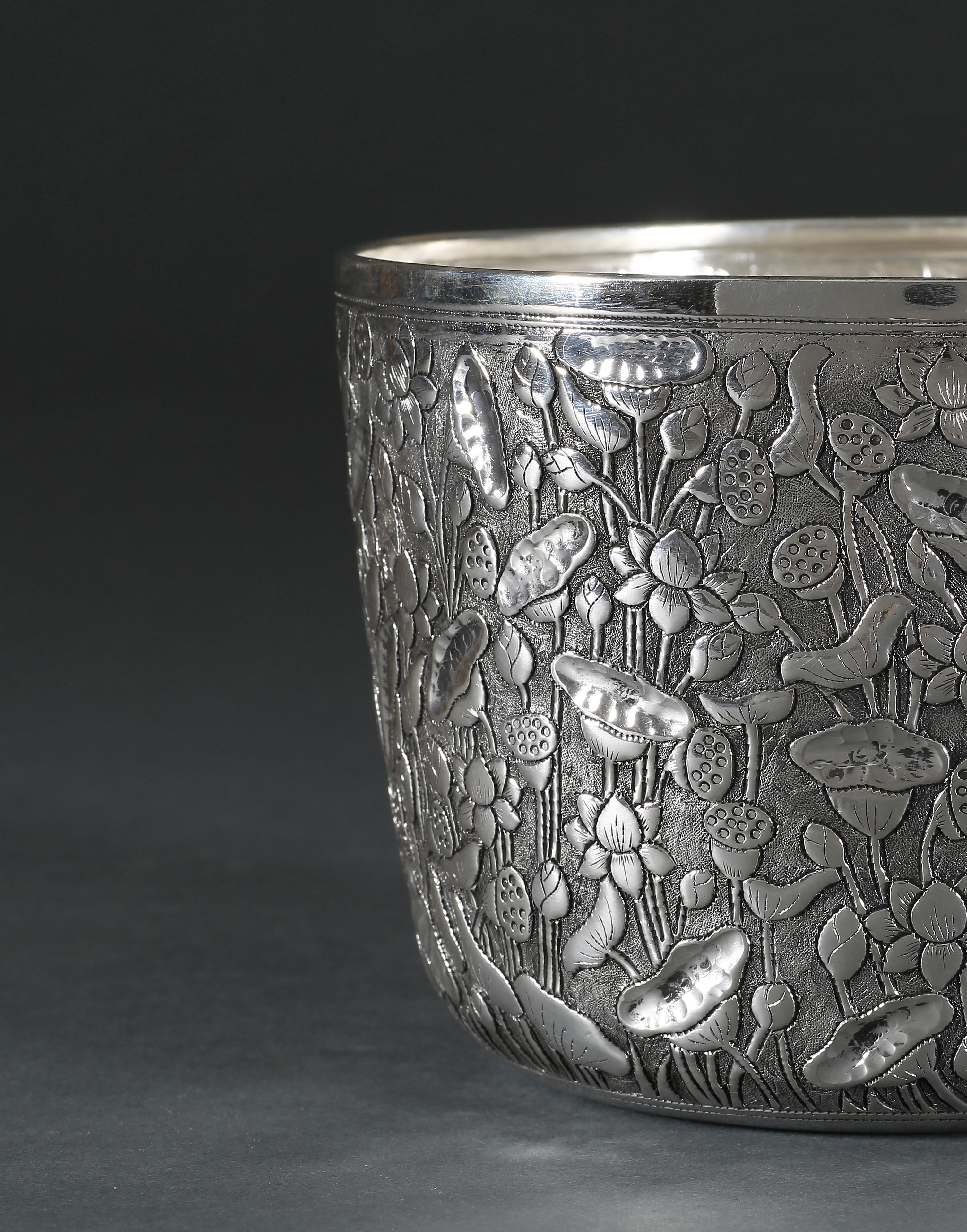 Hong Kong Hand-Worked Solid Silver Bowl, Hand-Chased Lotus Pond, Chinoiserie Centerpiece For Sale